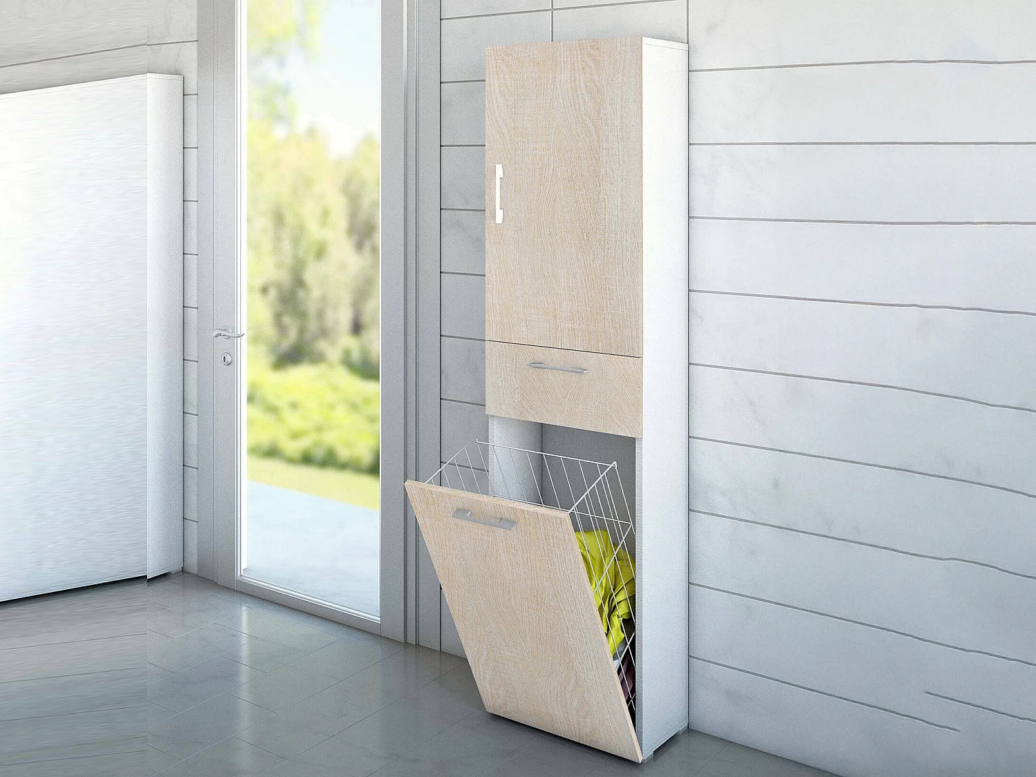 Armoire polyvalente Escolzia, Armoire à linge linéaire avec 2 portes, Colonne de salle de bain avec panier à linge, 100% Made in Italy, 45x32h195 cm, Chêne et Blanc