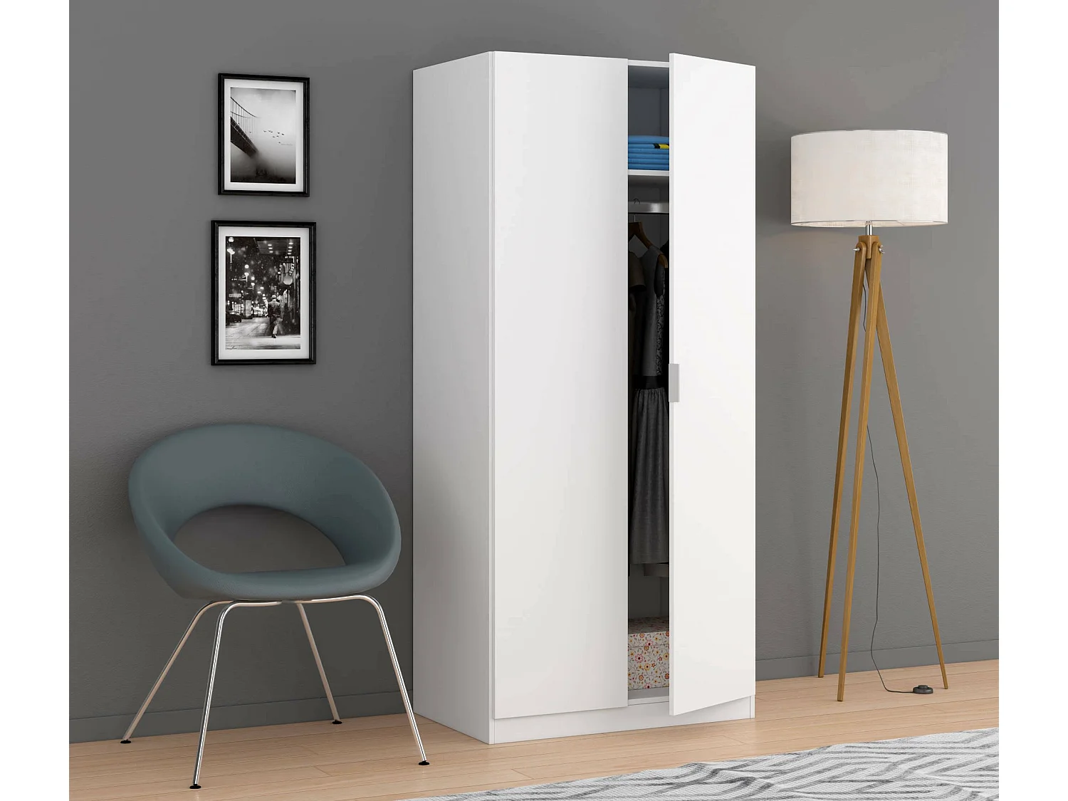 Dmora Guardaroba 2 Ante 52x180h cm Bianco Appendiabiti 2 Ante, Armadio Camera da Letto 2 Vani