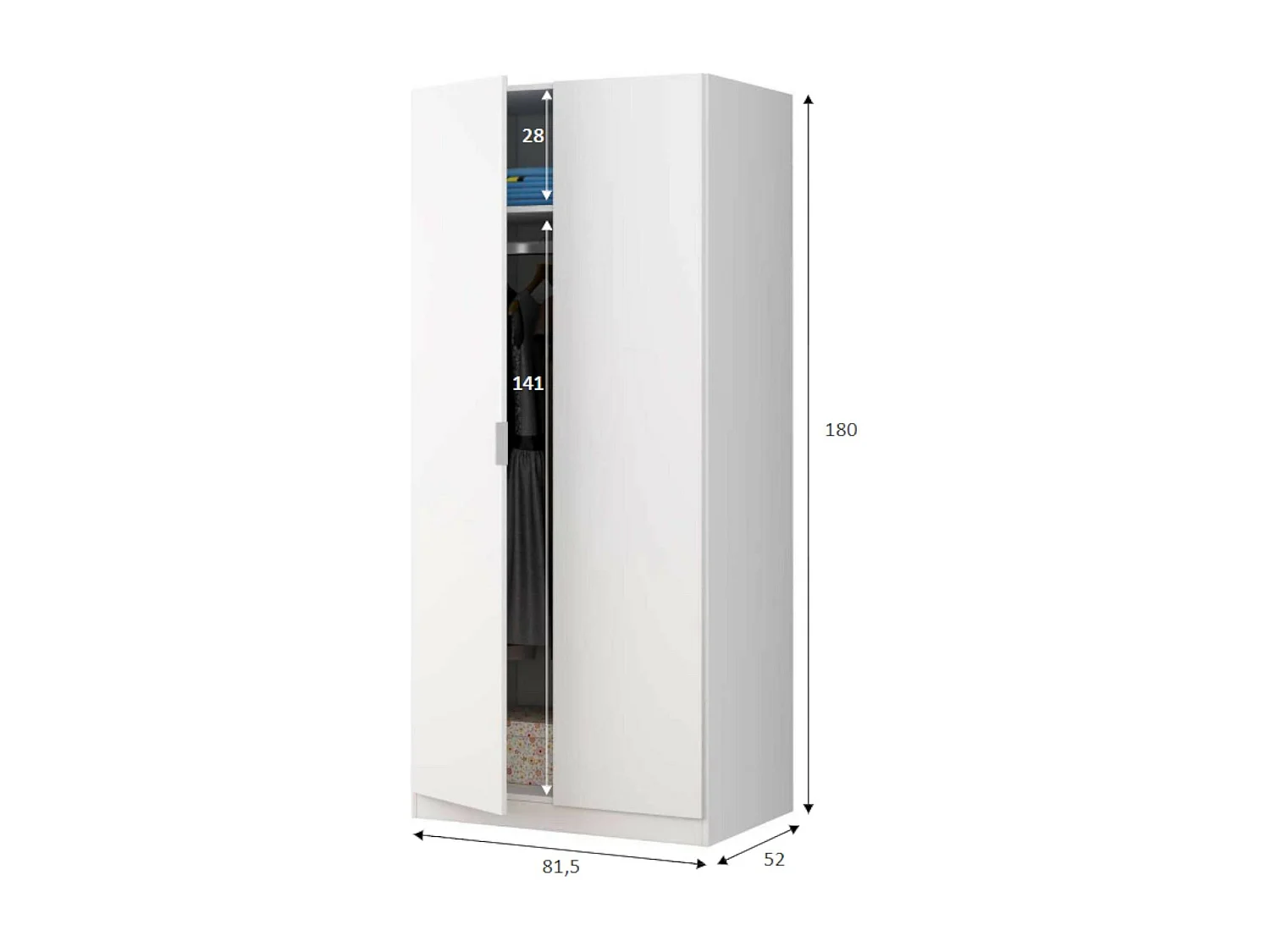 Dmora Guardaroba 2 Ante 52x180h cm Bianco Appendiabiti 2 Ante, Armadio Camera da Letto 2 Vani