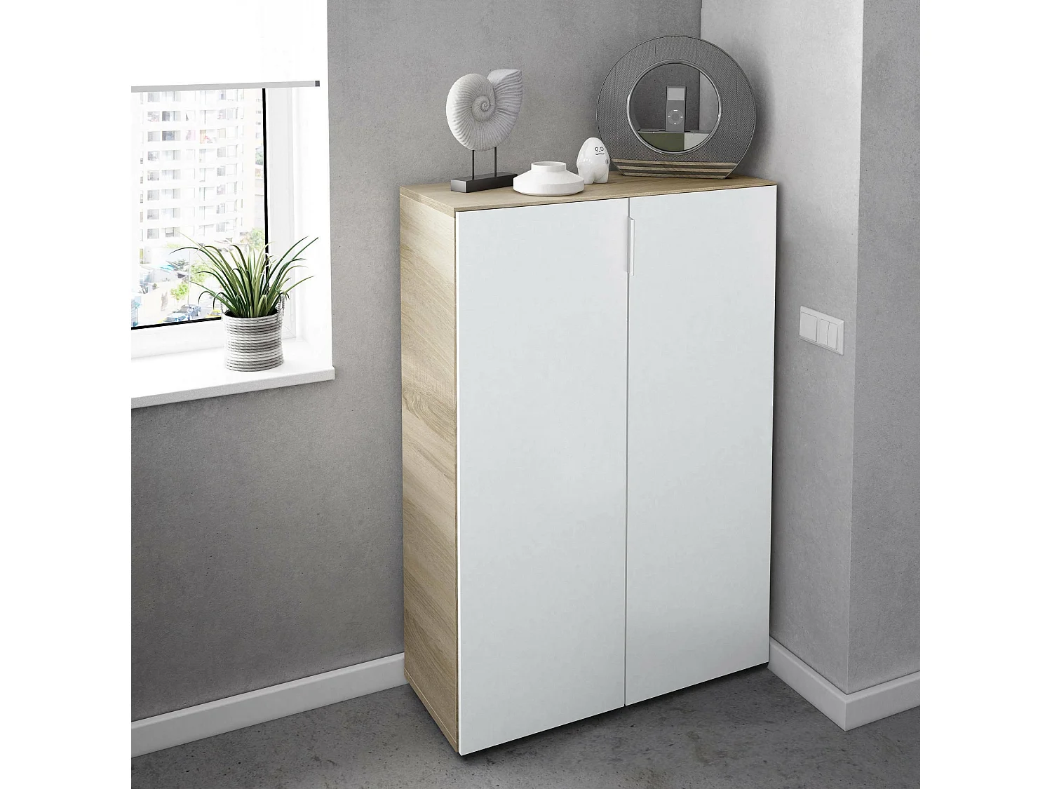 Armadio multiuso Olathe, Mobile ausiliario a 2 ante, Guardaroba basso portascarpe con 6 ripiani, Scarpiera bassa, 70x36h103 cm, Rovere e Bianco