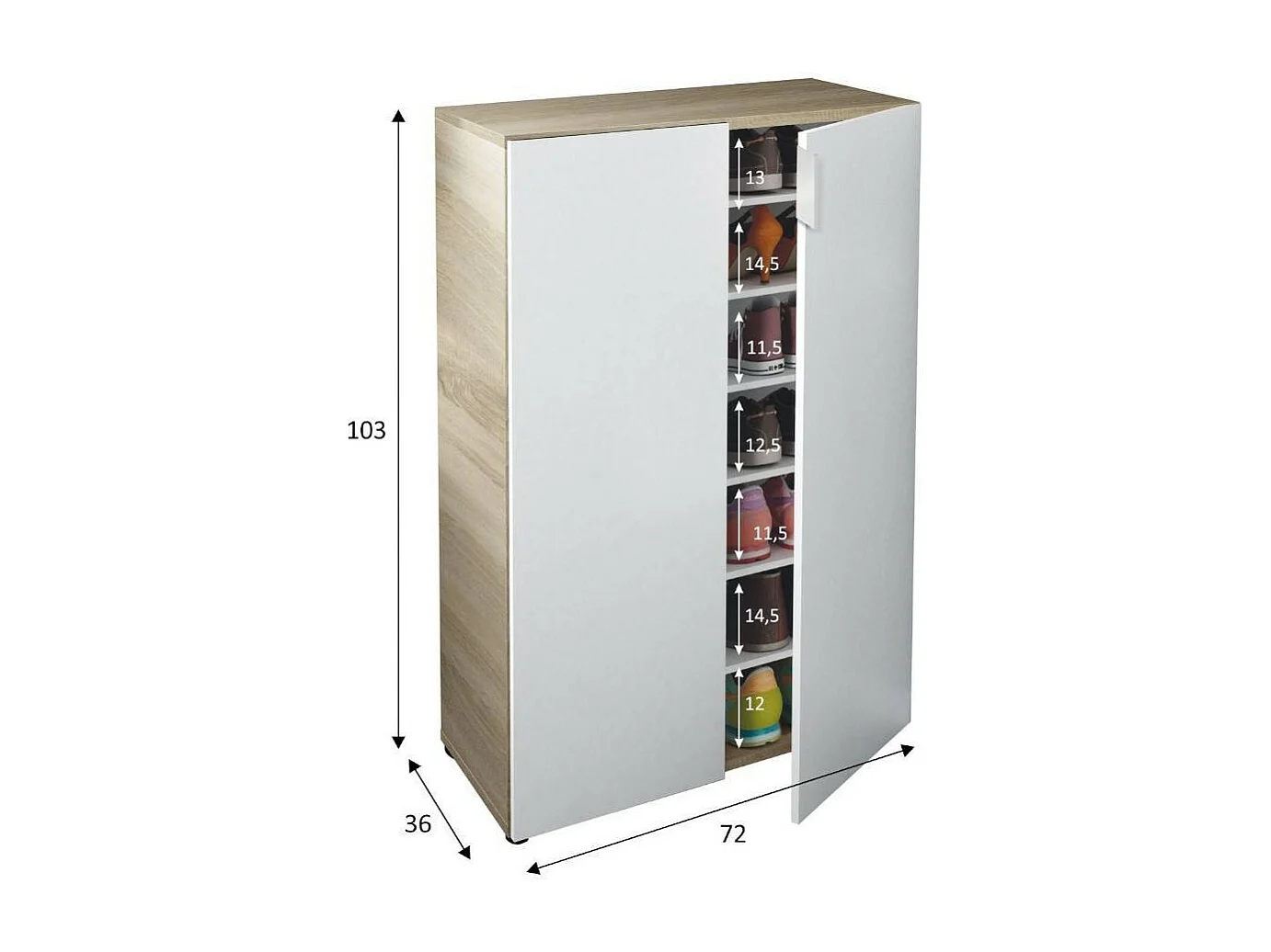 Armadio multiuso Olathe, Mobile ausiliario a 2 ante, Guardaroba basso portascarpe con 6 ripiani, Scarpiera bassa, 70x36h103 cm, Rovere e Bianco