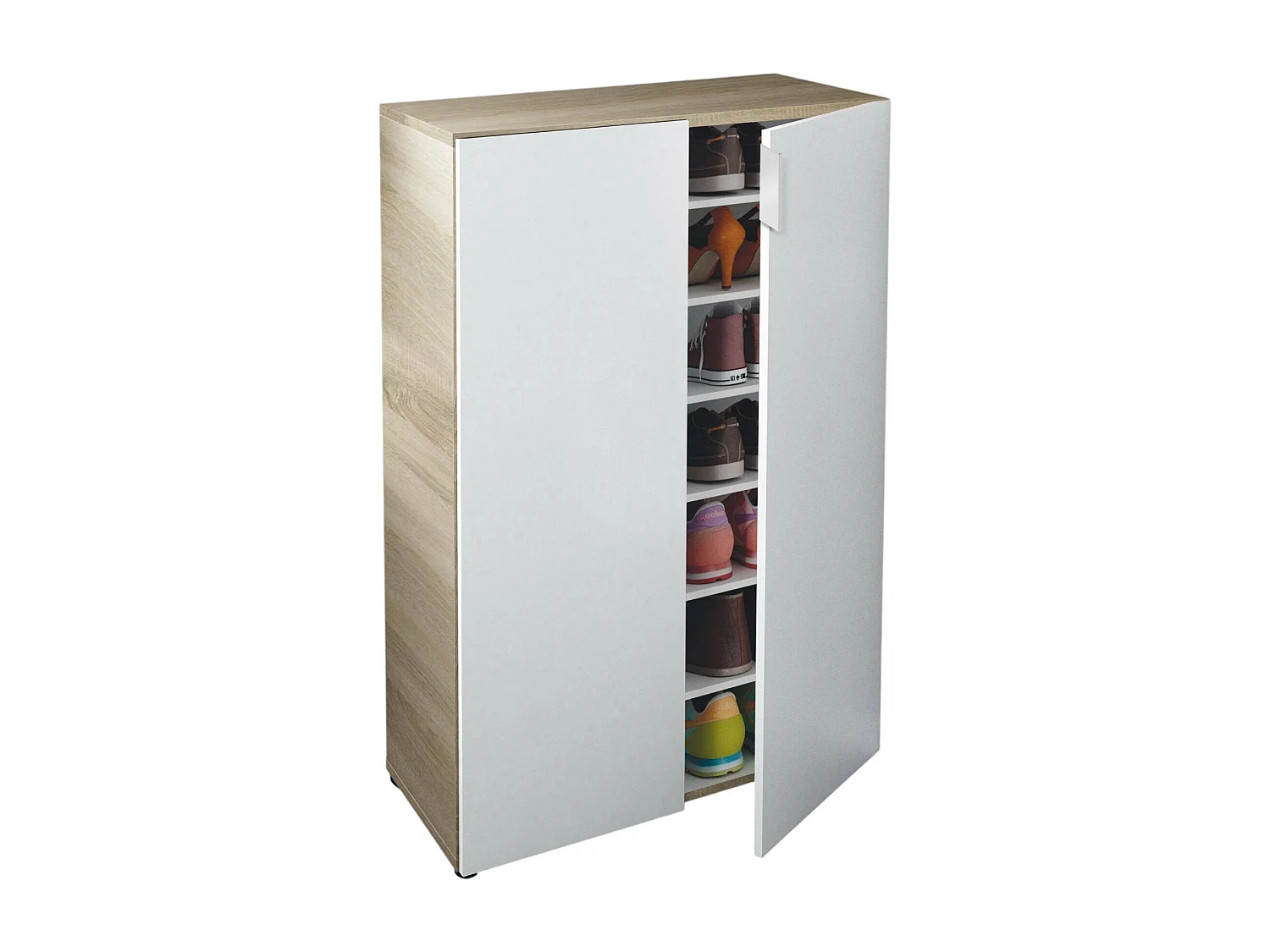 Armadio multiuso Olathe, Mobile ausiliario a 2 ante, Guardaroba basso portascarpe con 6 ripiani, Scarpiera bassa, 70x36h103 cm, Rovere e Bianco