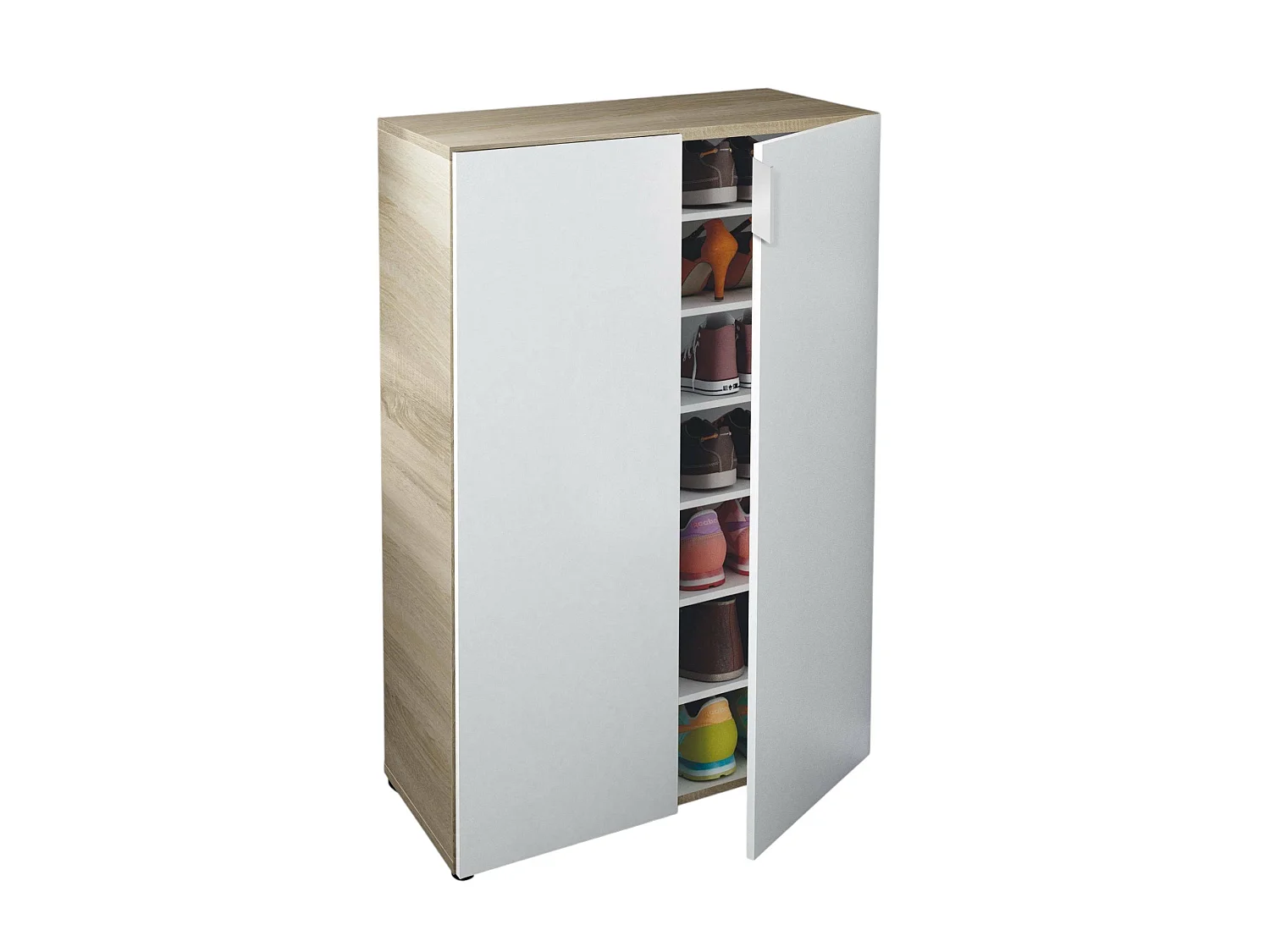 Armoire polyvalente Olathe, Armoire auxiliaire avec 2 portes, Armoire à chaussures basse avec 6 étagères, Étagère à chaussures basse, 70x36h103 cm, Chêne et Blanc