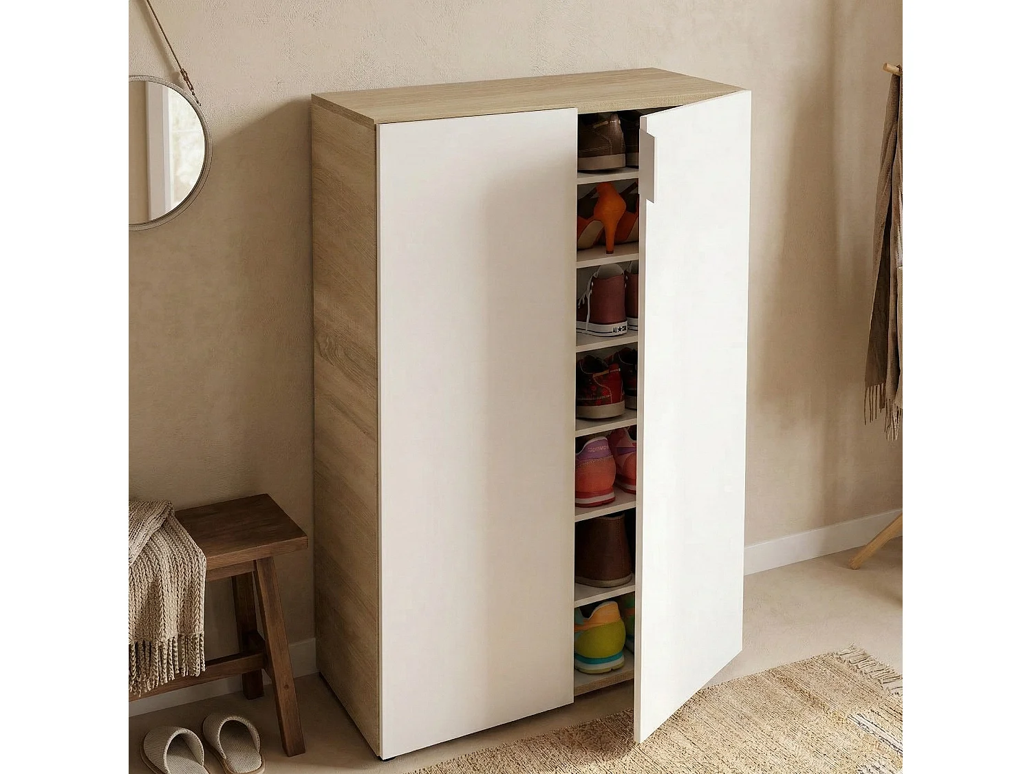 Armoire polyvalente Olathe, Armoire auxiliaire avec 2 portes, Armoire à chaussures basse avec 6 étagères, Étagère à chaussures basse, 70x36h103 cm, Chêne et Blanc