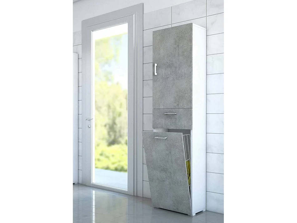 Mehrzweckschrank mit 2 Türen Escolzia, linearer Wäscheschrank mit 2 Türen, Badezimmersäule mit Wäschekorb, 100 % Made in Italy, 45 x 32 x 195 cm, Zement und Weiß,