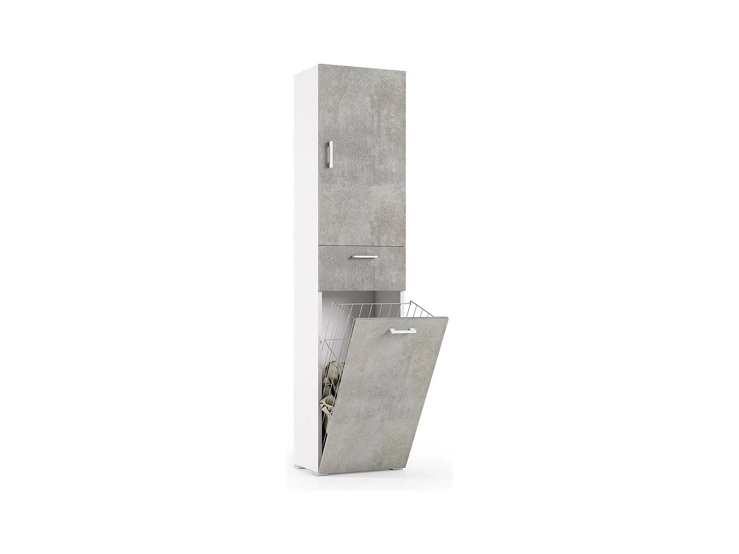Armadio multiuso Escolzia, Mobile lavanderia lineare a 2 Ante, Colona da bagno con cestello portabiancheria, 100% Made in Italy, 45x32h195 cm, Cemento e Bianco