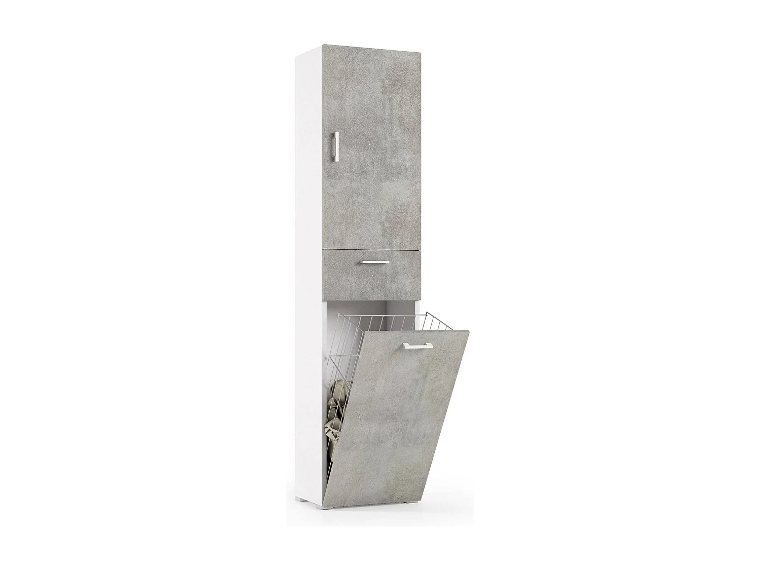 Armadio multiuso Escolzia, Mobile lavanderia lineare a 2 Ante, Colona da bagno con cestello portabiancheria, 100% Made in Italy, 45x32h195 cm, Cemento e Bianco