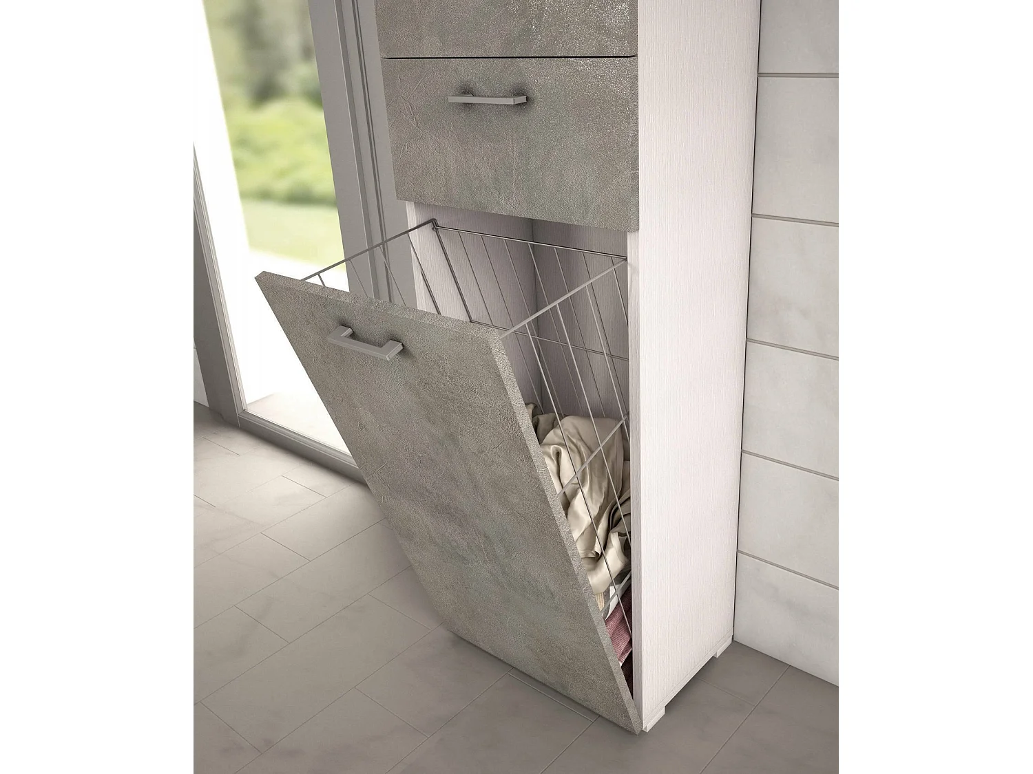 Armadio multiuso Escolzia, Mobile lavanderia lineare a 2 Ante, Colona da bagno con cestello portabiancheria, 100% Made in Italy, 45x32h195 cm, Cemento e Bianco