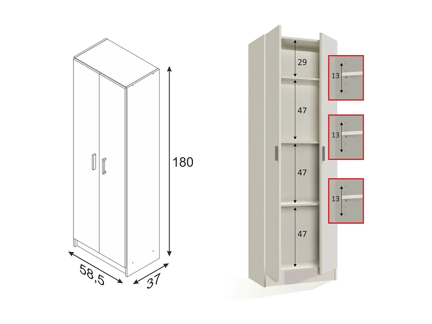 Armoire polyvalente Salem, Armoire auxiliaire avec 2 portes, Étagère à chaussures avec 3 étagères, Étagère à chaussures haute moderne, 59x37h180 cm, Blanc