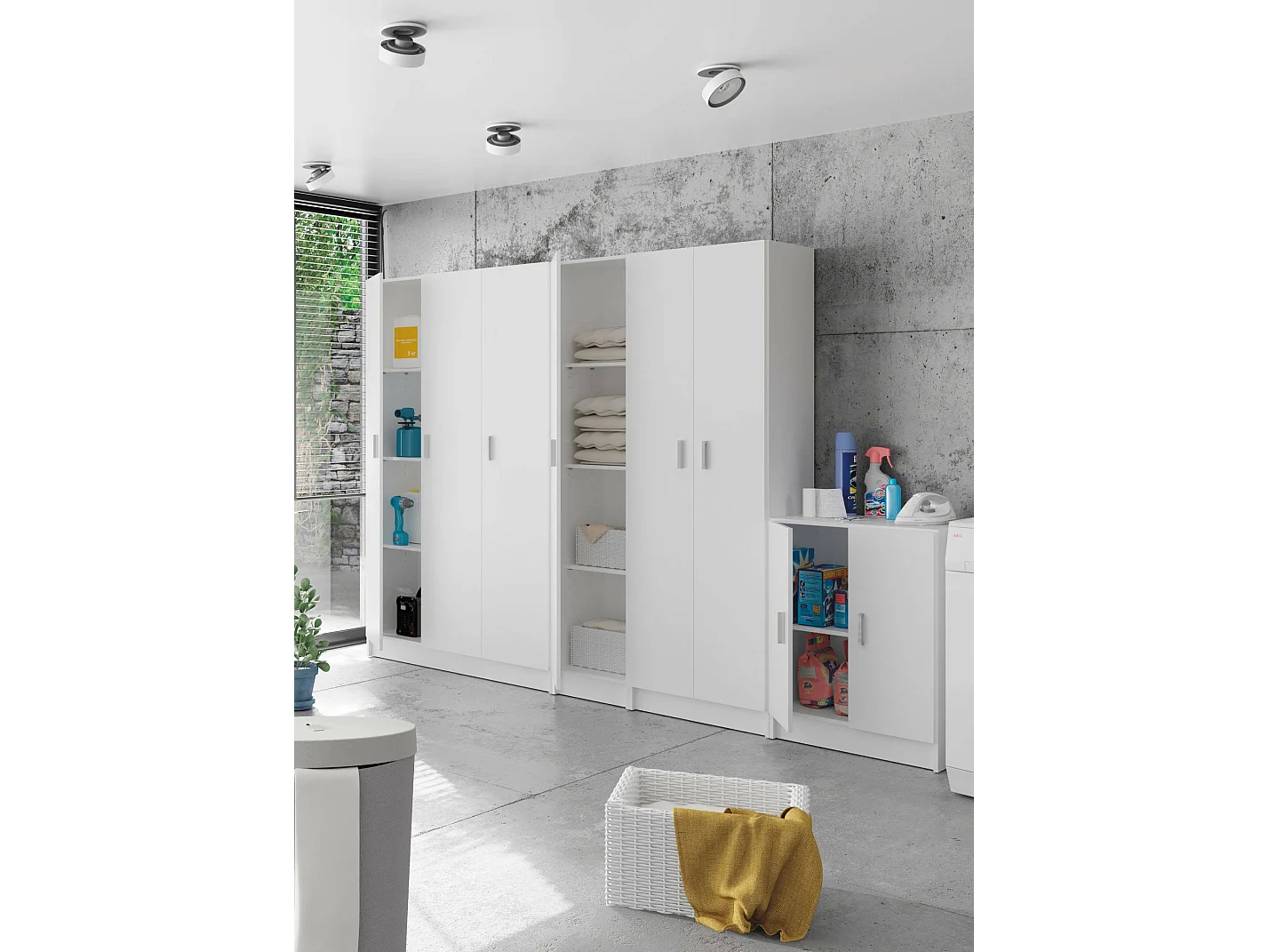 Armoire polyvalente Salem, Armoire auxiliaire avec 2 portes, Étagère à chaussures avec 3 étagères, Étagère à chaussures haute moderne, 59x37h180 cm, Blanc