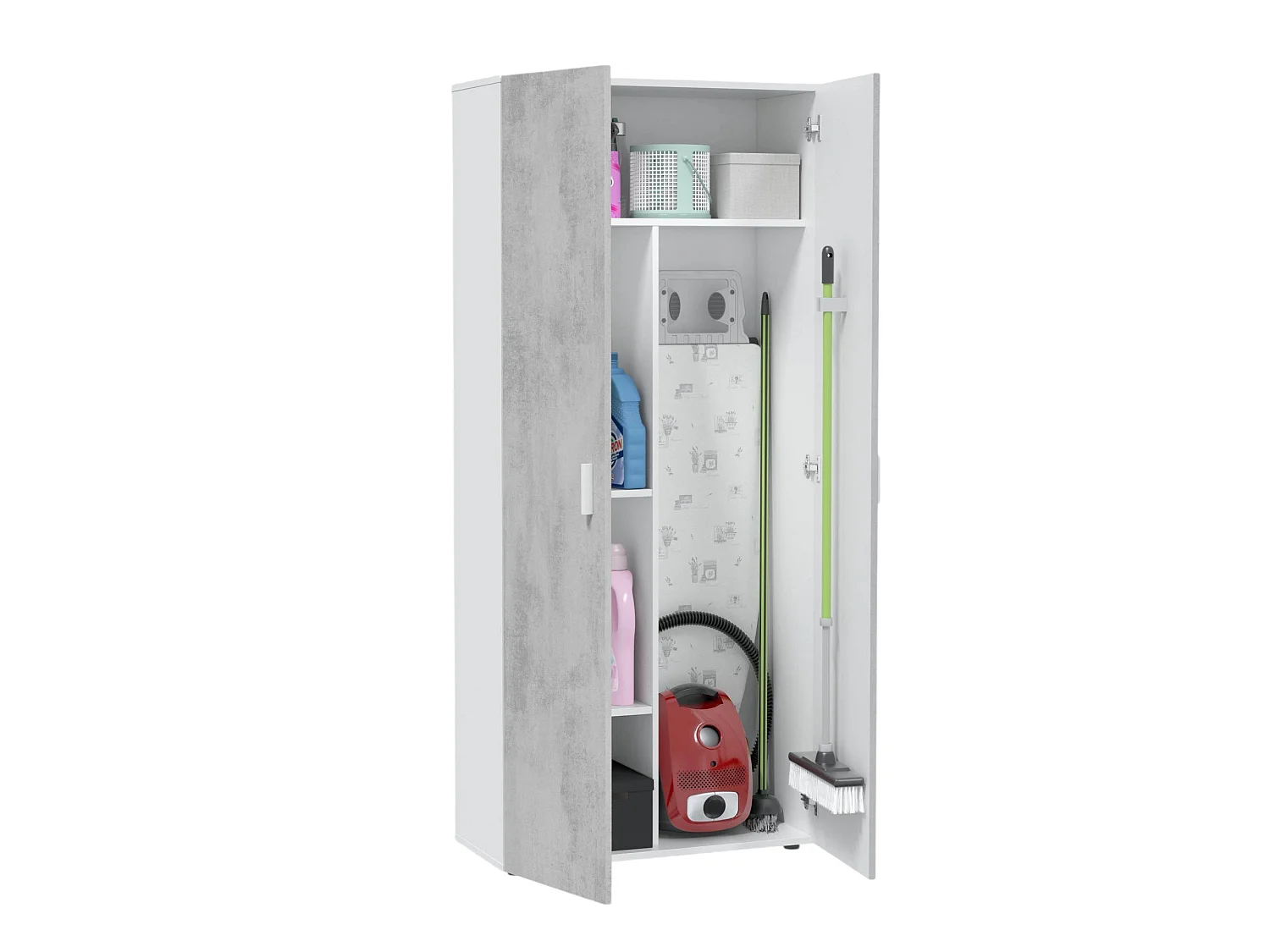 Armoire polyvalente Irvine, Armoire auxiliaire avec 2 portes et 3 étagères, Armoire à balais, 80x37h182 cm, Ciment et Blanc
