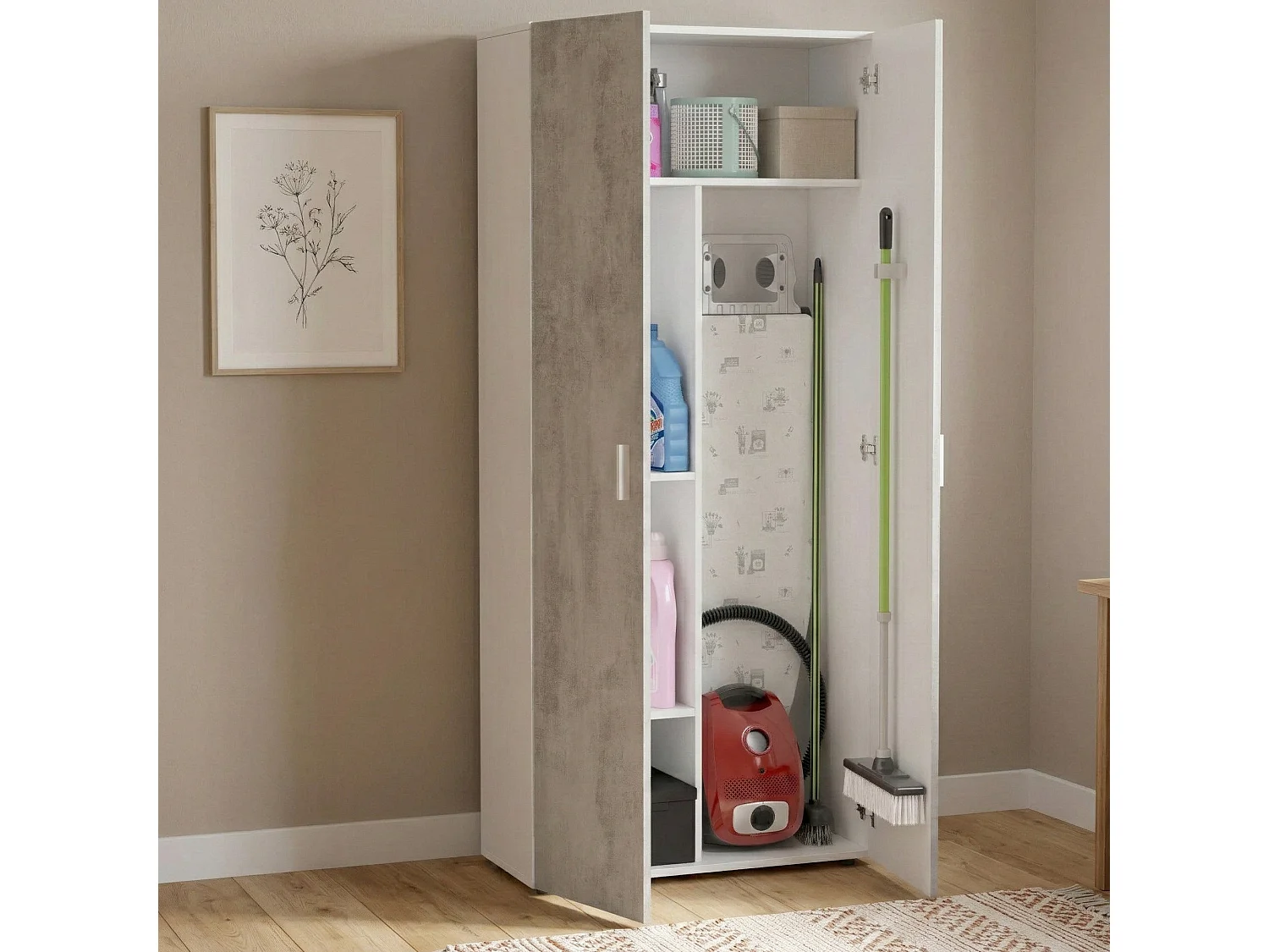 Armoire polyvalente Irvine, Armoire auxiliaire avec 2 portes et 3 étagères, Armoire à balais, 80x37h182 cm, Ciment et Blanc