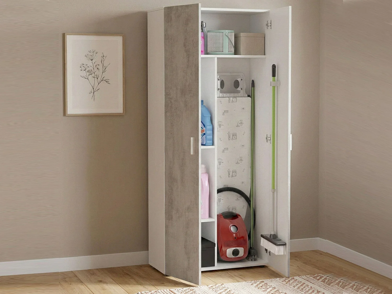 Armario multiusos Irvine, Mueble auxiliar 2 puertas y 3 estantes, Armario escobero, 80x37h182 cm, Cemento y Blanco