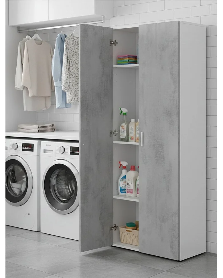 Armadio multiuso Irvine, Mobile ausiliario a 2 ante e 3 ripiani, Guardaroba portascope, 80x37h182 cm, Cemento e Bianco