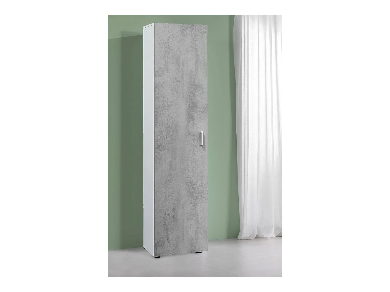 Armoire polyvalente Reno, Armoire auxiliaire avec 1 porte et 3 étagères, Armoire moderne, Armoire colonne haute, 41x37h182 cm, Ciment et Blanc