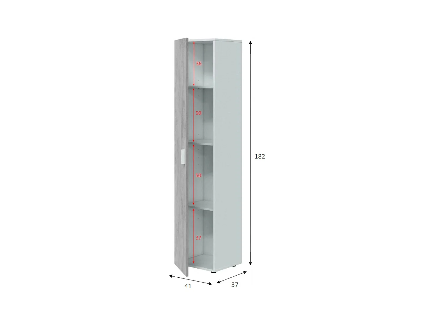Armoire polyvalente Reno, Armoire auxiliaire avec 1 porte et 3 étagères, Armoire moderne, Armoire colonne haute, 41x37h182 cm, Ciment et Blanc