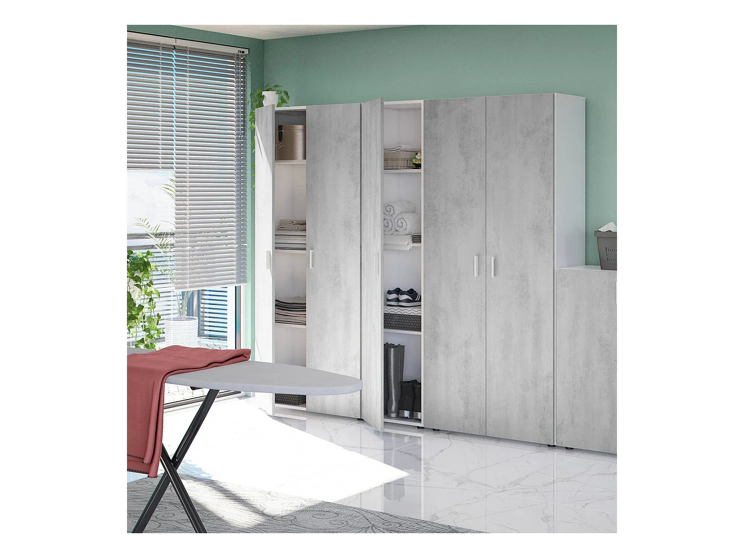 Armoire polyvalente Reno, Armoire auxiliaire avec 1 porte et 3 étagères, Armoire moderne, Armoire colonne haute, 41x37h182 cm, Ciment et Blanc