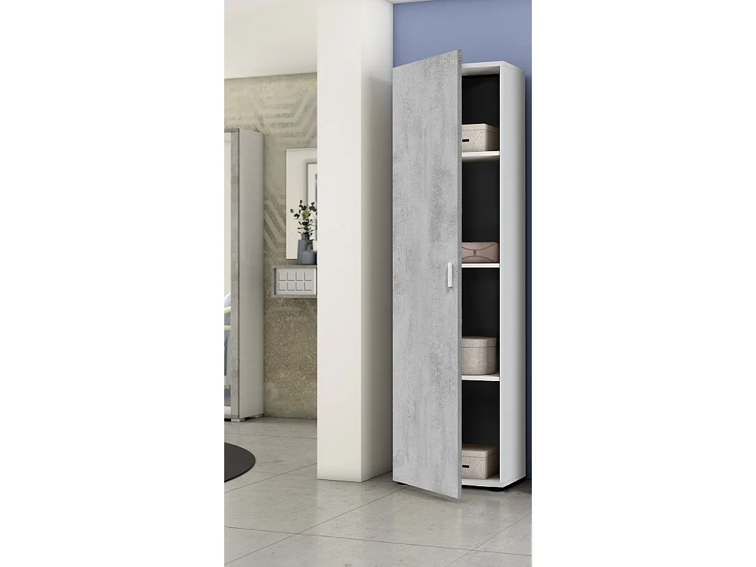 Roupeiro multiusos Reno, Armário auxiliar com 1 porta e 3 prateleiras, Roupeiro moderno, Armário coluna alta, 41x37h182 cm, Cimento e Branco