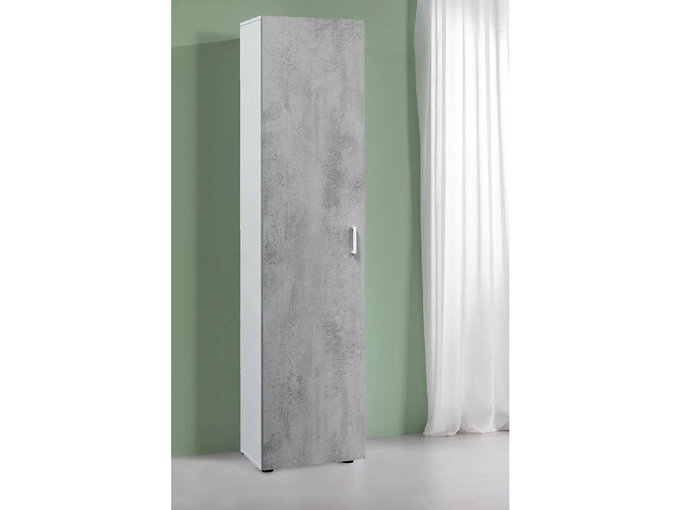 Roupeiro multiusos Reno, Armário auxiliar com 1 porta e 3 prateleiras, Roupeiro moderno, Armário coluna alta, 41x37h182 cm, Cimento e Branco