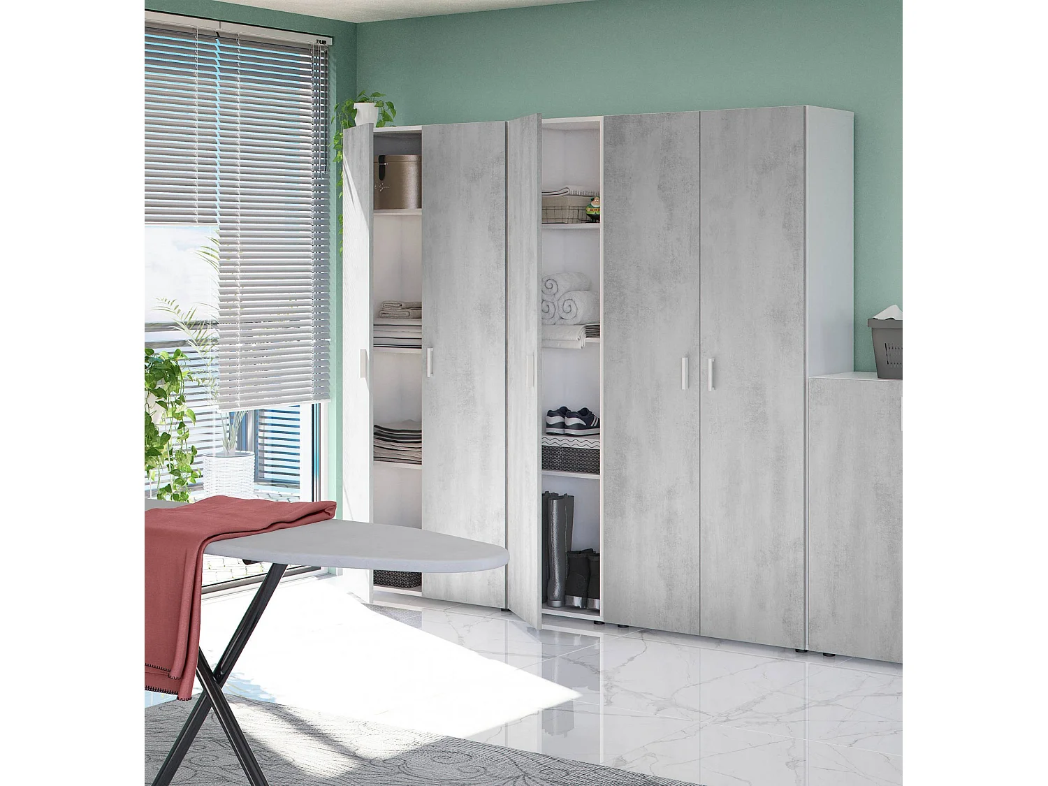 Roupeiro multiusos Reno, Armário auxiliar com 1 porta e 3 prateleiras, Roupeiro moderno, Armário coluna alta, 41x37h182 cm, Cimento e Branco