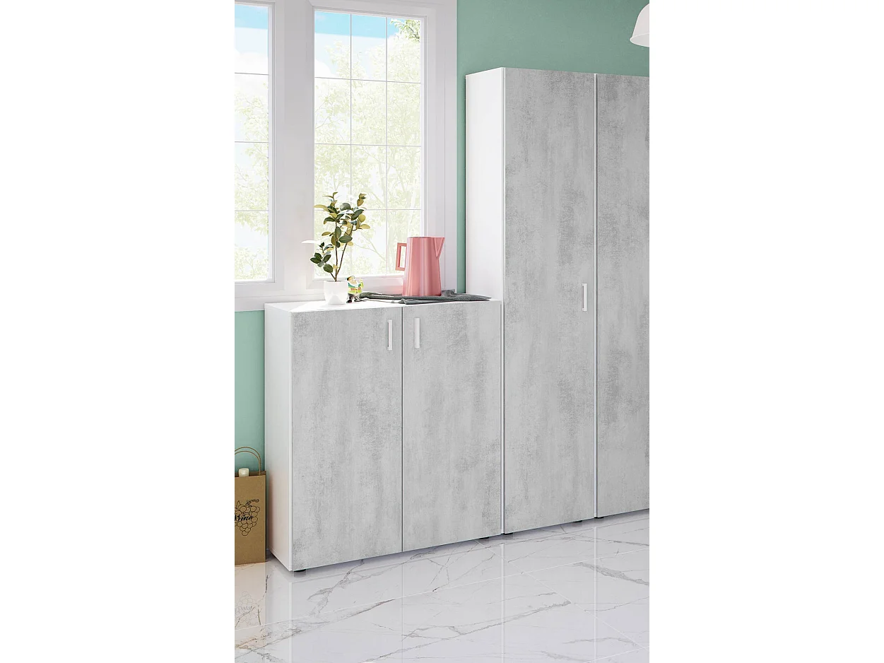 Roupeiro multiusos Reno, Armário auxiliar com 1 porta e 3 prateleiras, Roupeiro moderno, Armário coluna alta, 41x37h182 cm, Cimento e Branco