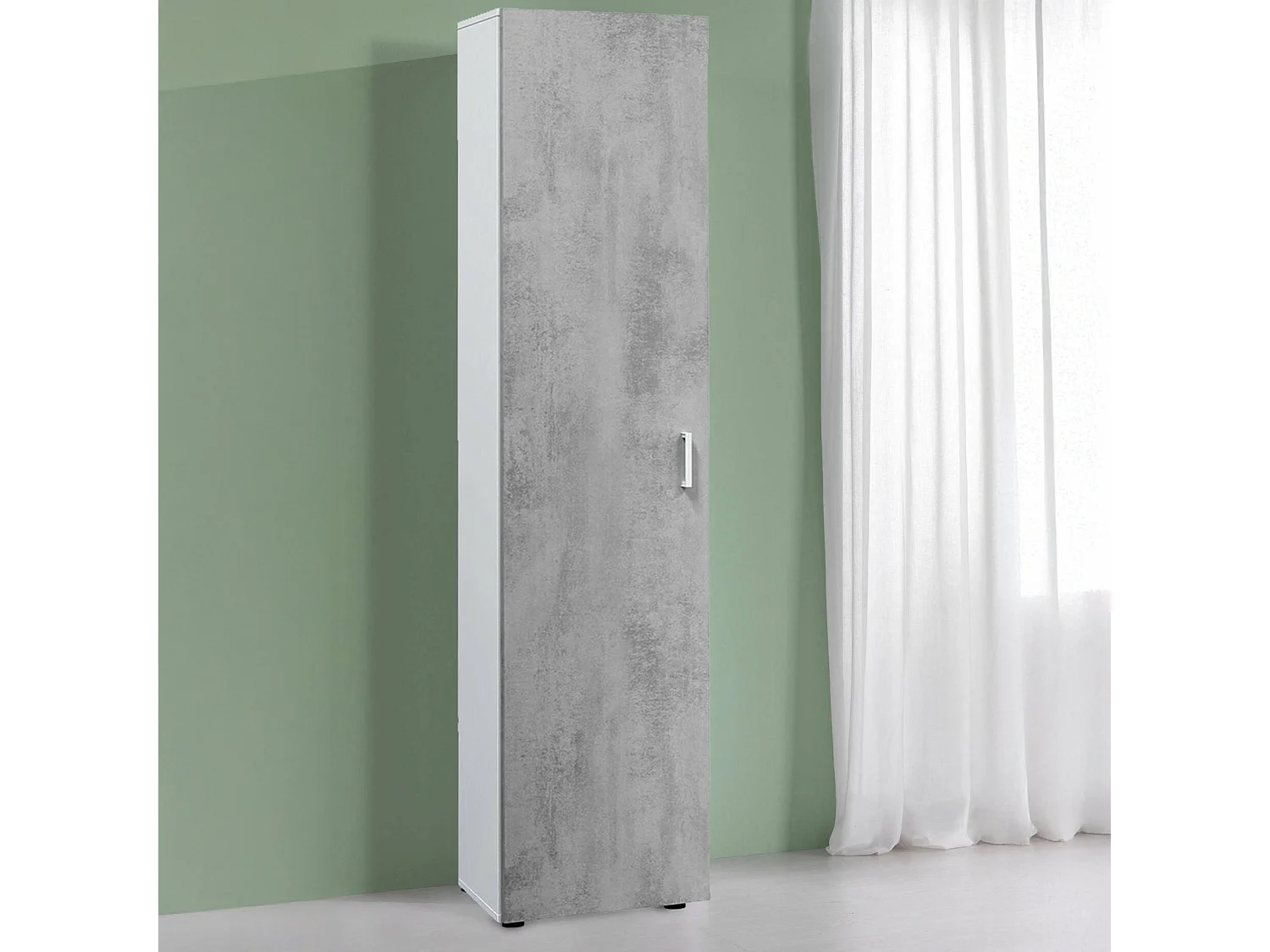 Armadio multiuso Reno, Mobile ausiliario a 1 anta e 3 ripiani, Guardaroba moderno, Mobile alto a colonna, 41x37h182 cm, Cemento e Bianco