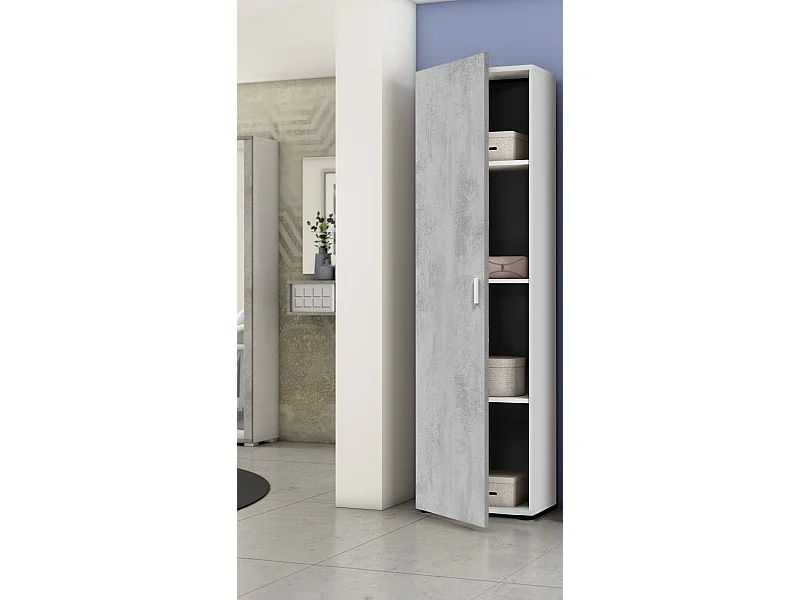 Armoire polyvalente Reno, Armoire auxiliaire avec 1 porte et 3 étagères, Armoire moderne, Armoire colonne haute, 41x37h182 cm, Ciment et Blanc