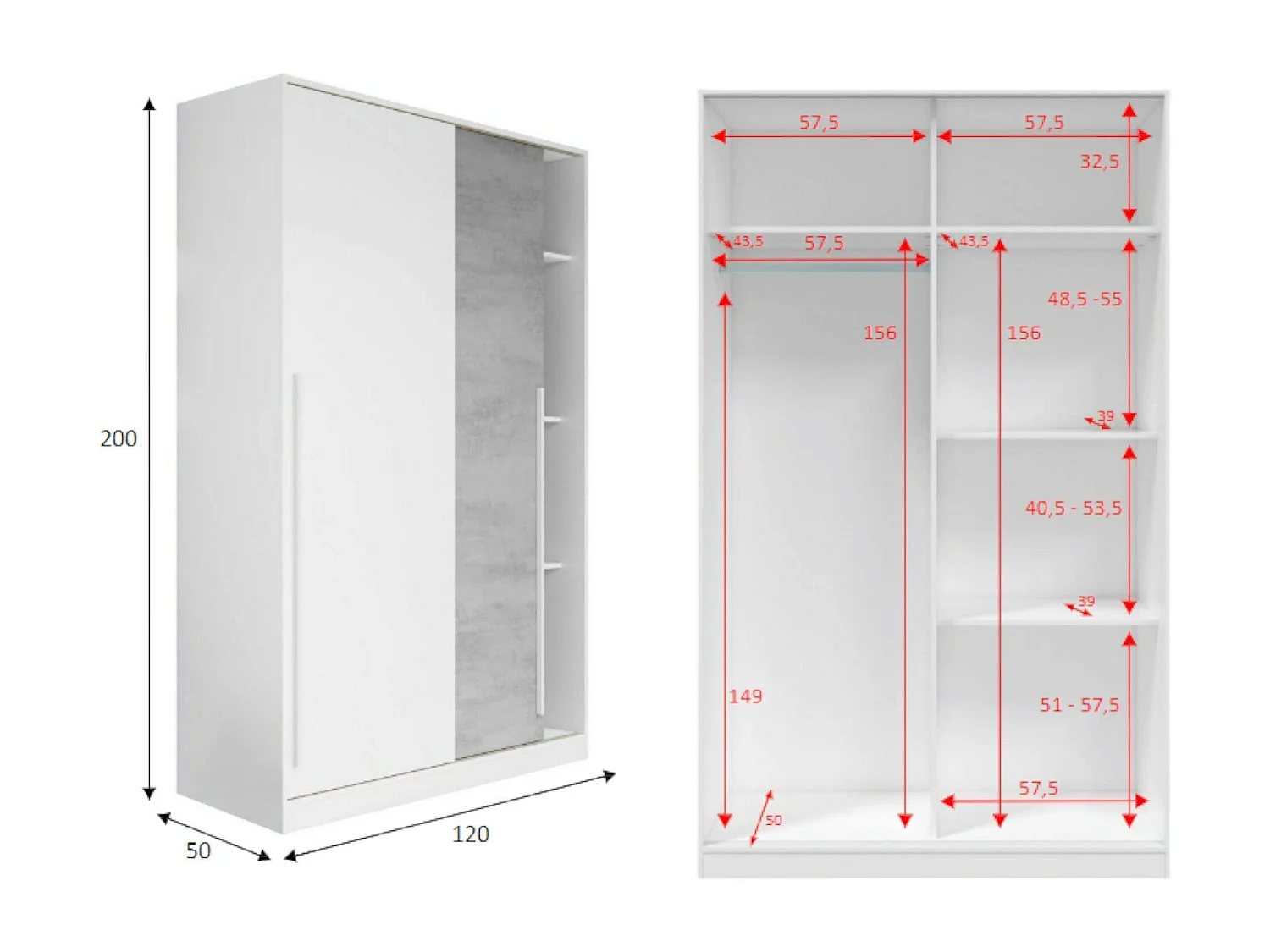Downey Kleiderschrank, Schlafzimmerschrank mit 2 Schiebetüren, Schrank mit Kleiderstange und 3 Regalen, 120 x 50 x 200 cm, Zement und Weiß