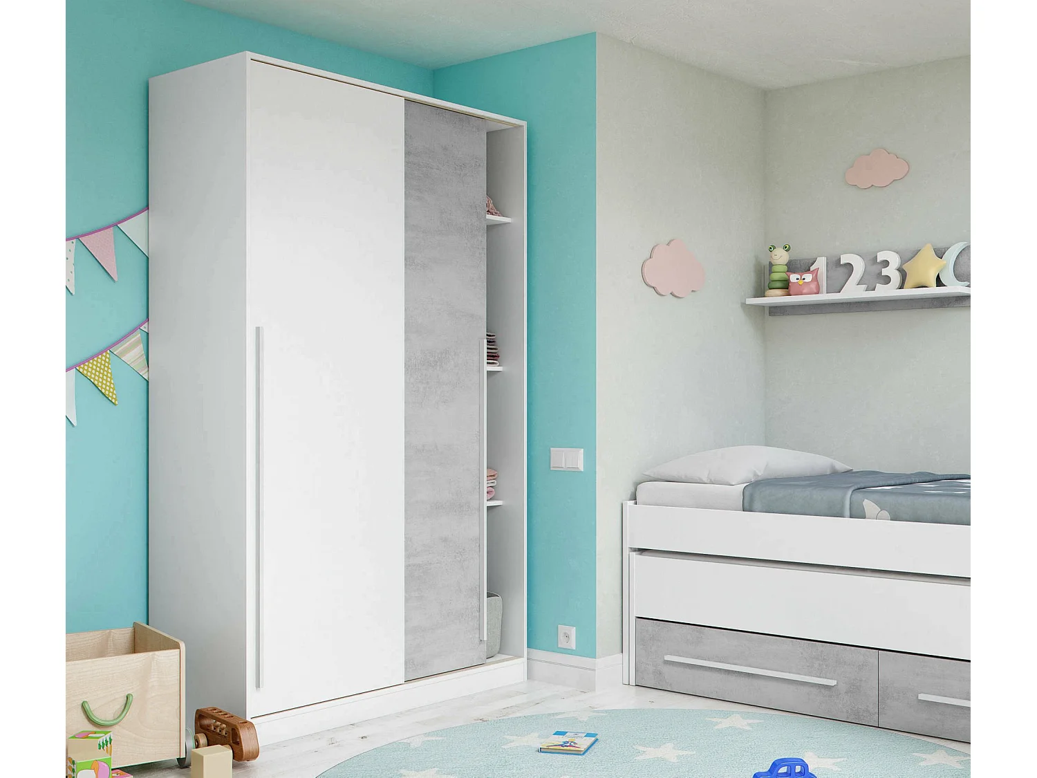 Guardaroba Downey, Armadio per camera da letto a 2 ante scorrevoli, Mobile con barra appendiabiti e 3 ripiani, 120x50h200 cm, Cemento e Bianco