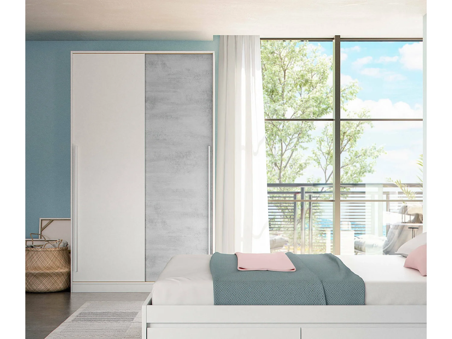 Guardaroba Downey, Armadio per camera da letto a 2 ante scorrevoli, Mobile con barra appendiabiti e 3 ripiani, 120x50h200 cm, Cemento e Bianco