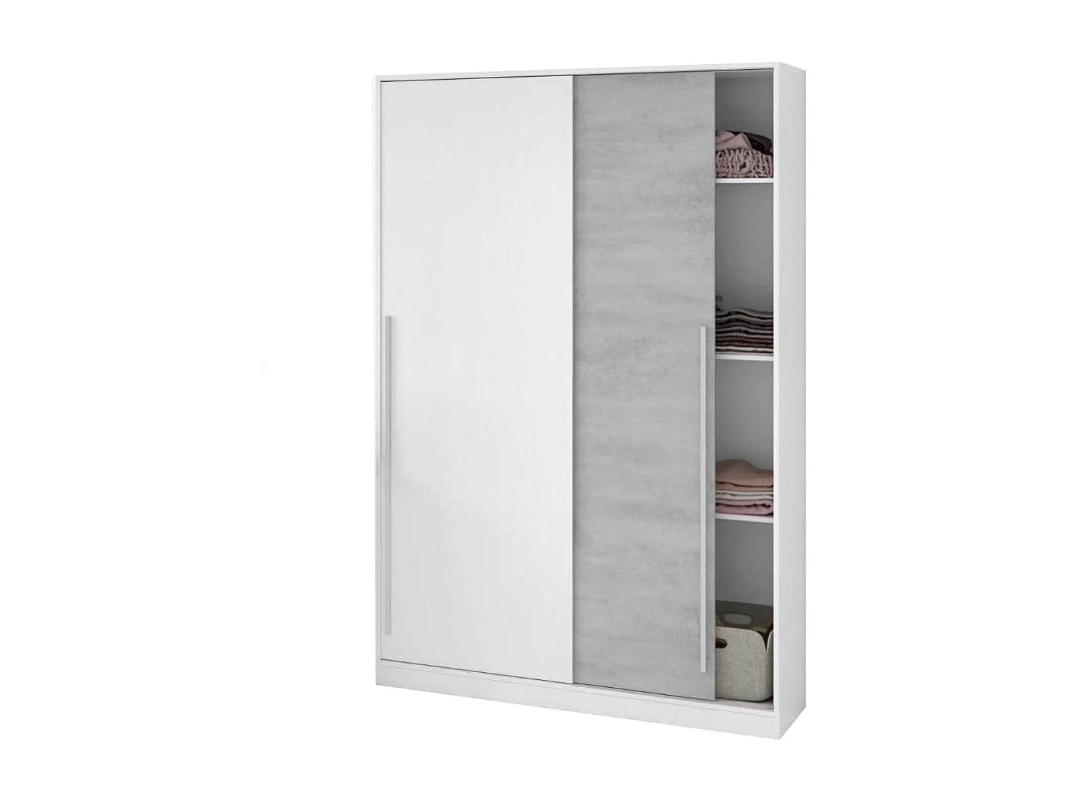 Guardaroba Downey, Armadio per camera da letto a 2 ante scorrevoli, Mobile con barra appendiabiti e 3 ripiani, 120x50h200 cm, Cemento e Bianco
