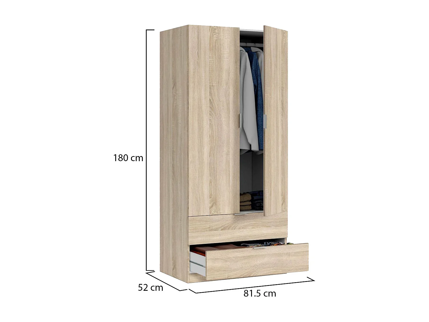 Armário Burbank, guarda-roupa de quarto com 2 portas e 2 gavetas, móveis de quarto com barra suspensa, 81x52h180 cm, carvalho