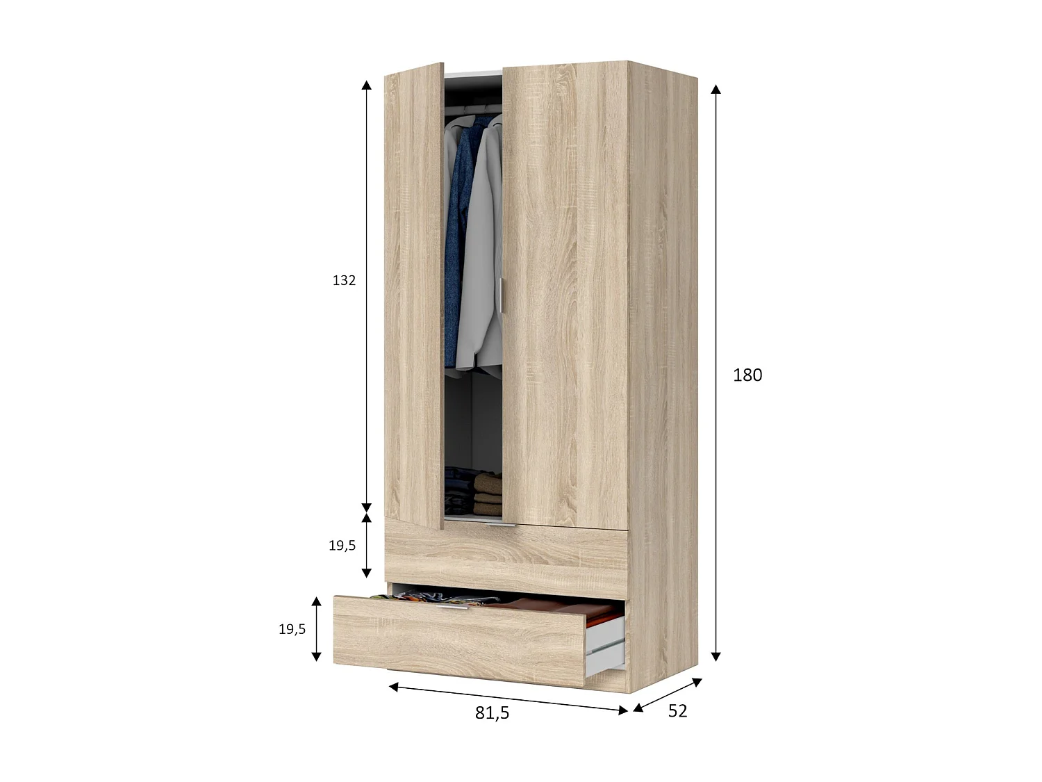 Armário Burbank, guarda-roupa de quarto com 2 portas e 2 gavetas, móveis de quarto com barra suspensa, 81x52h180 cm, carvalho