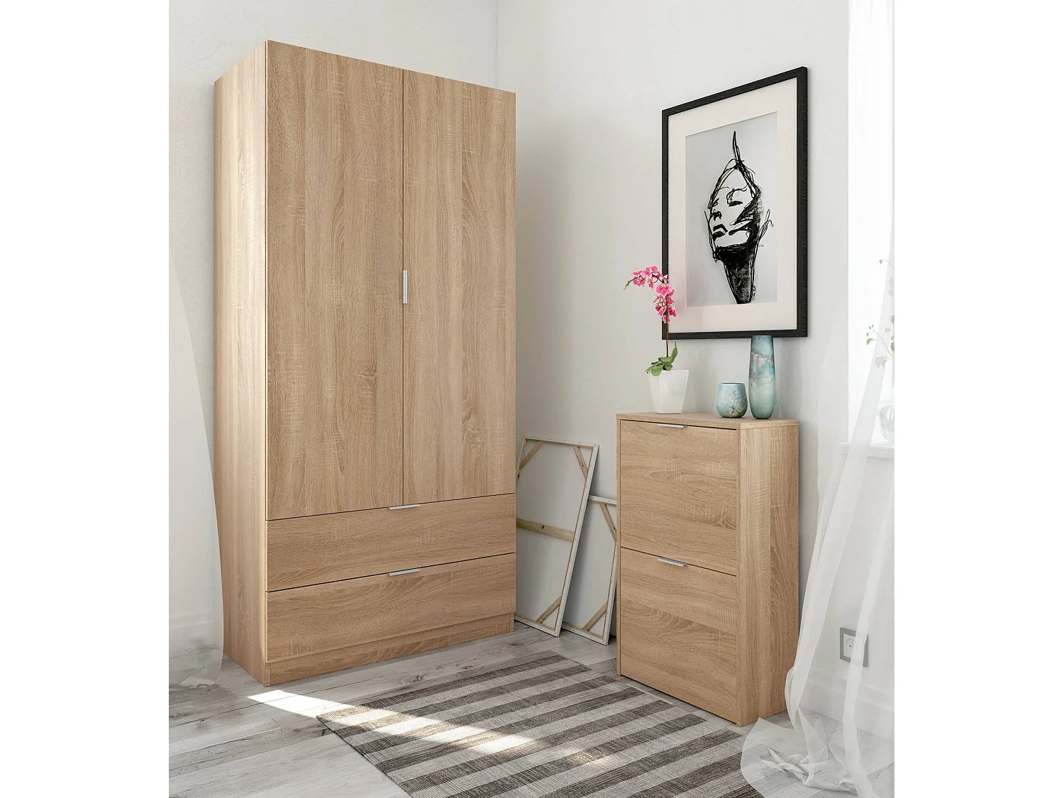 Armário Burbank, guarda-roupa de quarto com 2 portas e 2 gavetas, móveis de quarto com barra suspensa, 81x52h180 cm, carvalho