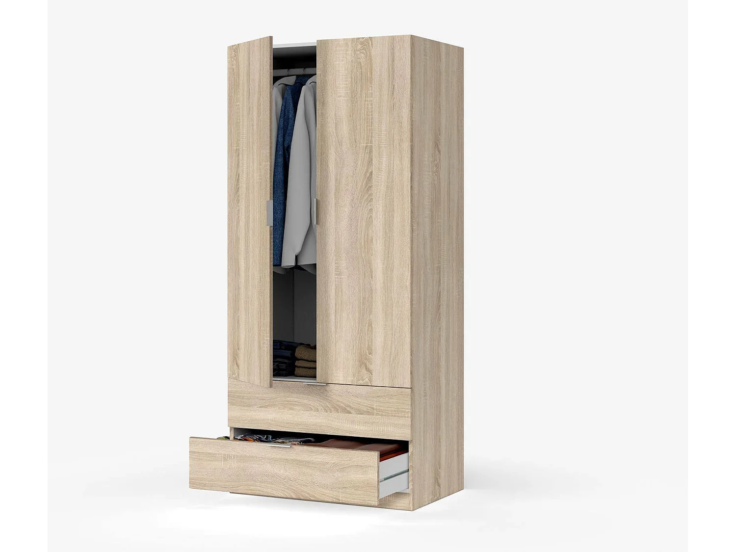 Armário Burbank, guarda-roupa de quarto com 2 portas e 2 gavetas, móveis de quarto com barra suspensa, 81x52h180 cm, carvalho