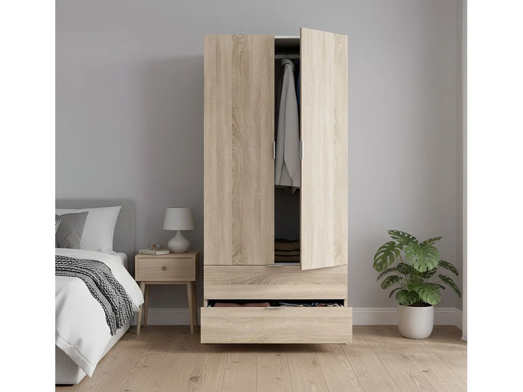 Armário Burbank, guarda-roupa de quarto com 2 portas e 2 gavetas, móveis de quarto com barra suspensa, 81x52h180 cm, carvalho