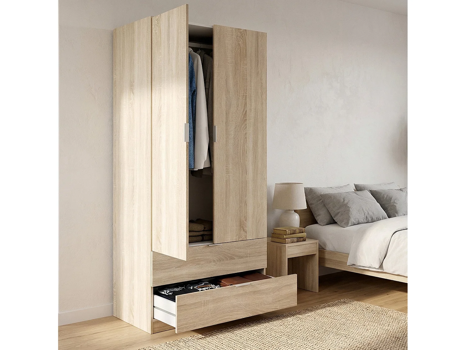 Guardaroba Burbank, Armadio per camera da letto a 2 ante e 2 cassetti, Mobile per cametta con barra appendiabiti, 81x52h180 cm, Rovere