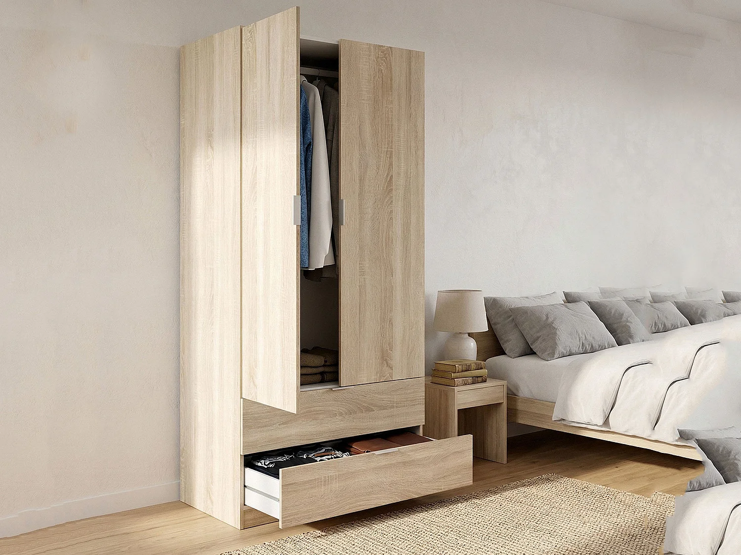 Guardaroba Burbank, Armadio per camera da letto a 2 ante e 2 cassetti, Mobile per cametta con barra appendiabiti, 81x52h180 cm, Rovere