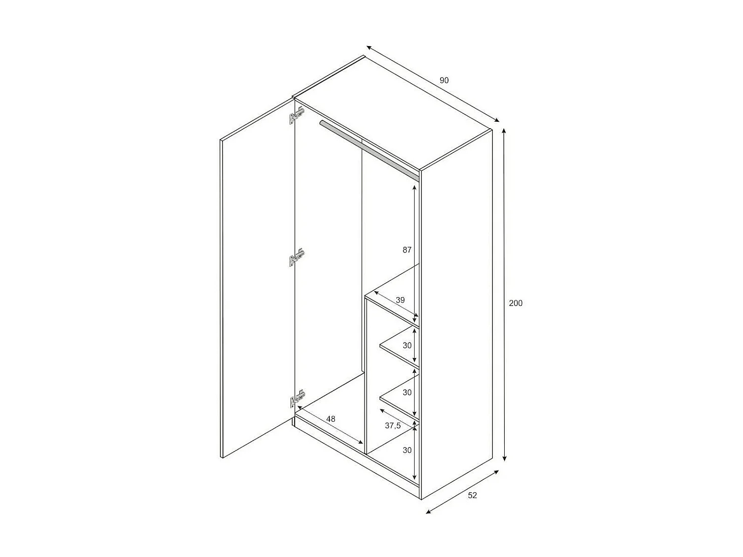 Armoire Manchester, Armoire pour chambre d'enfant, Armoire avec 3 portes et 3 étagères avec tringle à vêtements, 90x52h200 cm, Gris et Vert Aqua