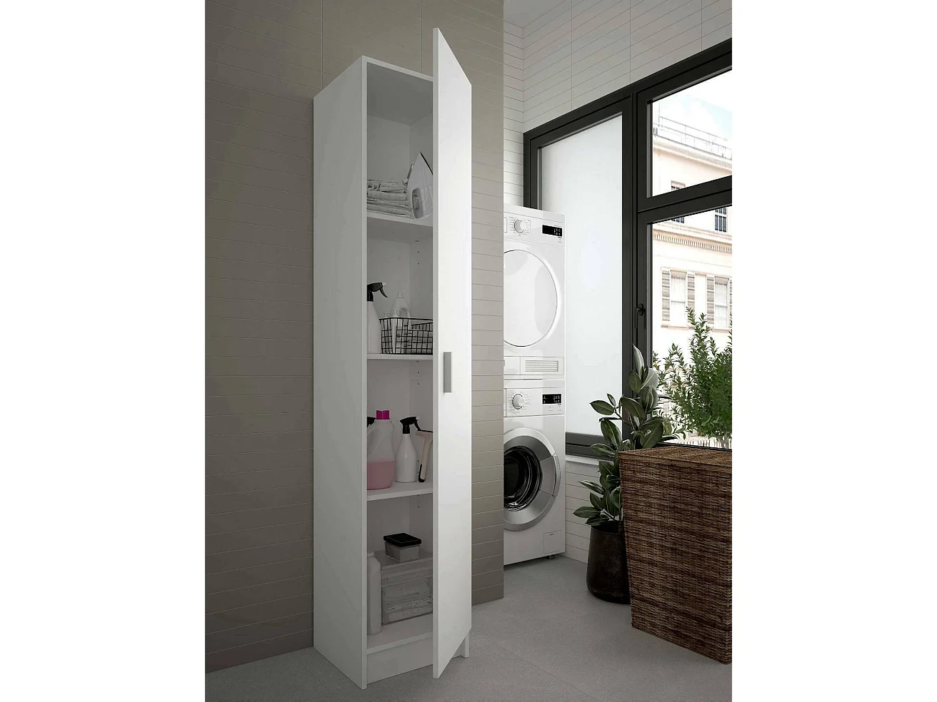 Armoire polyvalente Clearwater, Armoire auxiliaire avec 1 porte, Armoire à chaussures avec étagères, Étagère à chaussures vertical\, 37x37h180 cm, Blanc