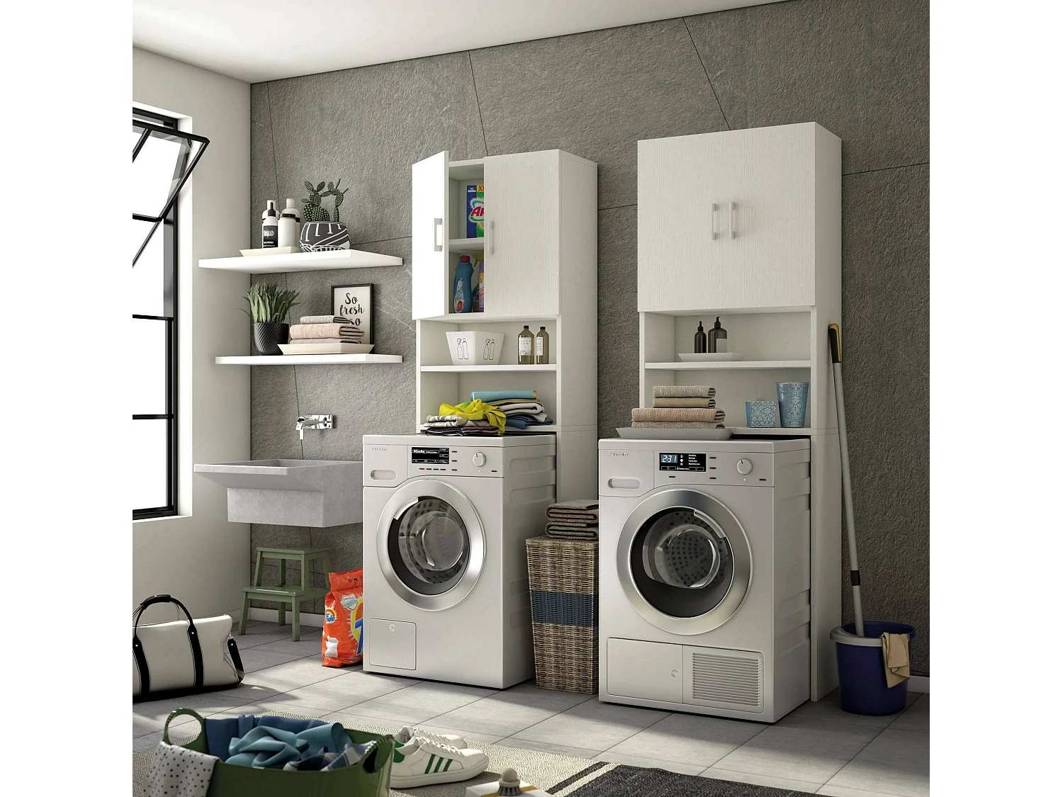 Anemone multifunctionele kledingkast, Lineaire kast met 2 draaideuren en planken, Waskast voor wasmachine, 100% Made in Italy, 65x32h195 cm, Wit