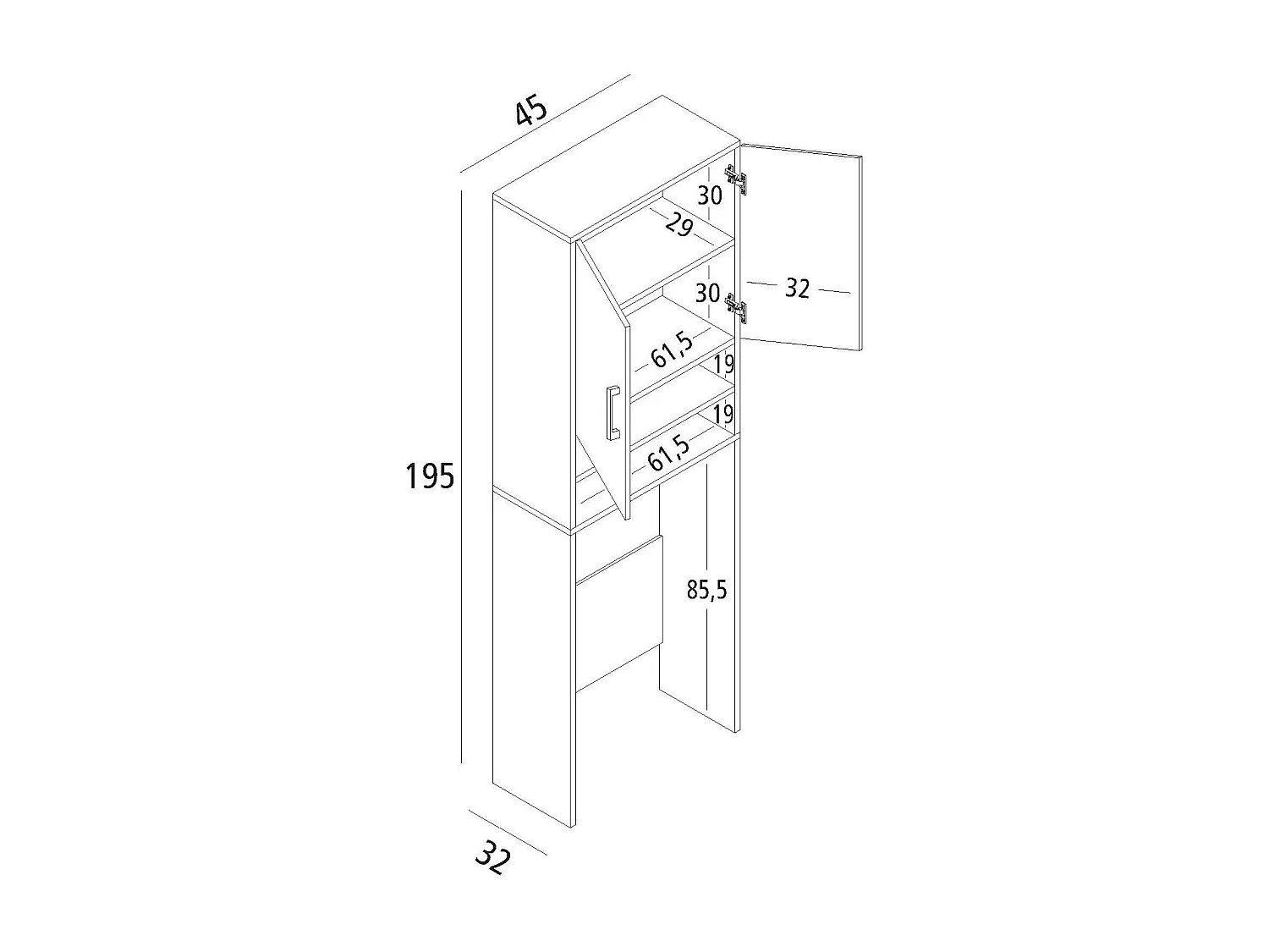 Armoire polyvalente Anemone, Armoire linéaire avec 2 portes battantes et étagères, Armoire buanderie pour lave-linge, 100% Made in Italy, 65x32h195 cm, Blanc