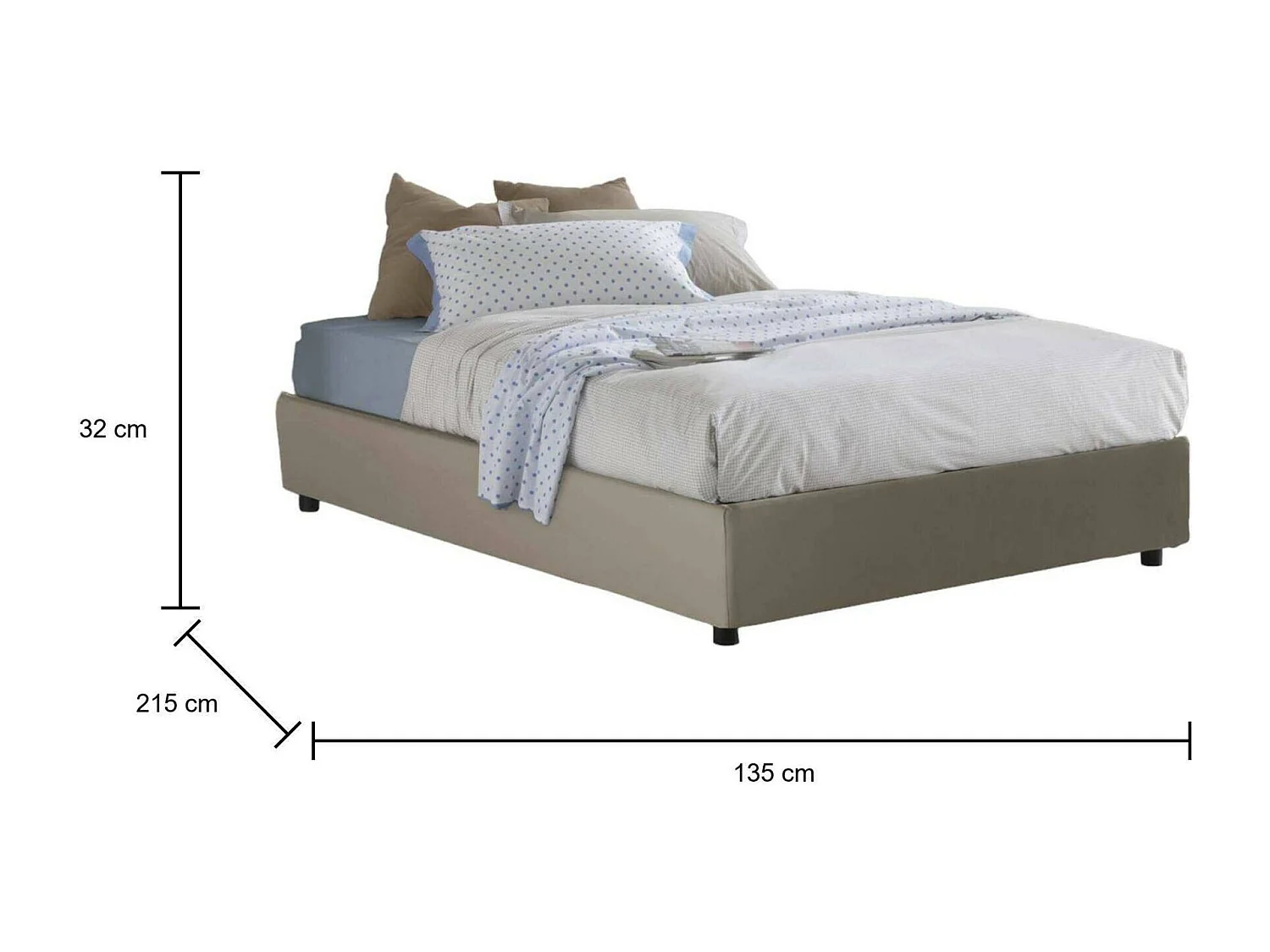 Letto piazza e mezza Martina, Letto contenitore con rivestimento in ecopelle, 100% Made in Italy, Apertura frontale, adatto per materasso Cm 120x200, Tortora