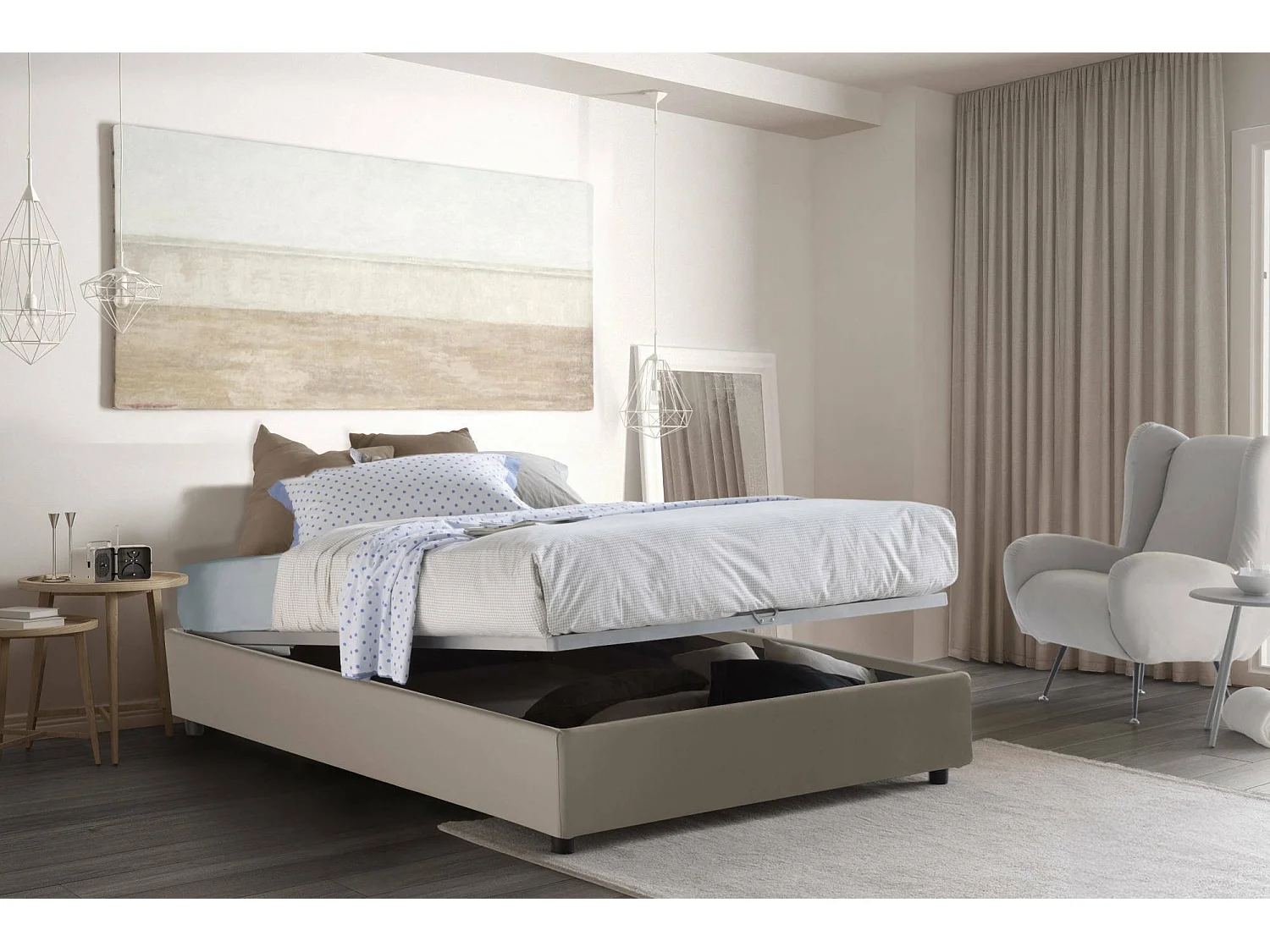 Letto piazza e mezza Martina, Letto contenitore con rivestimento in ecopelle, 100% Made in Italy, Apertura frontale, adatto per materasso Cm 120x200, Tortora