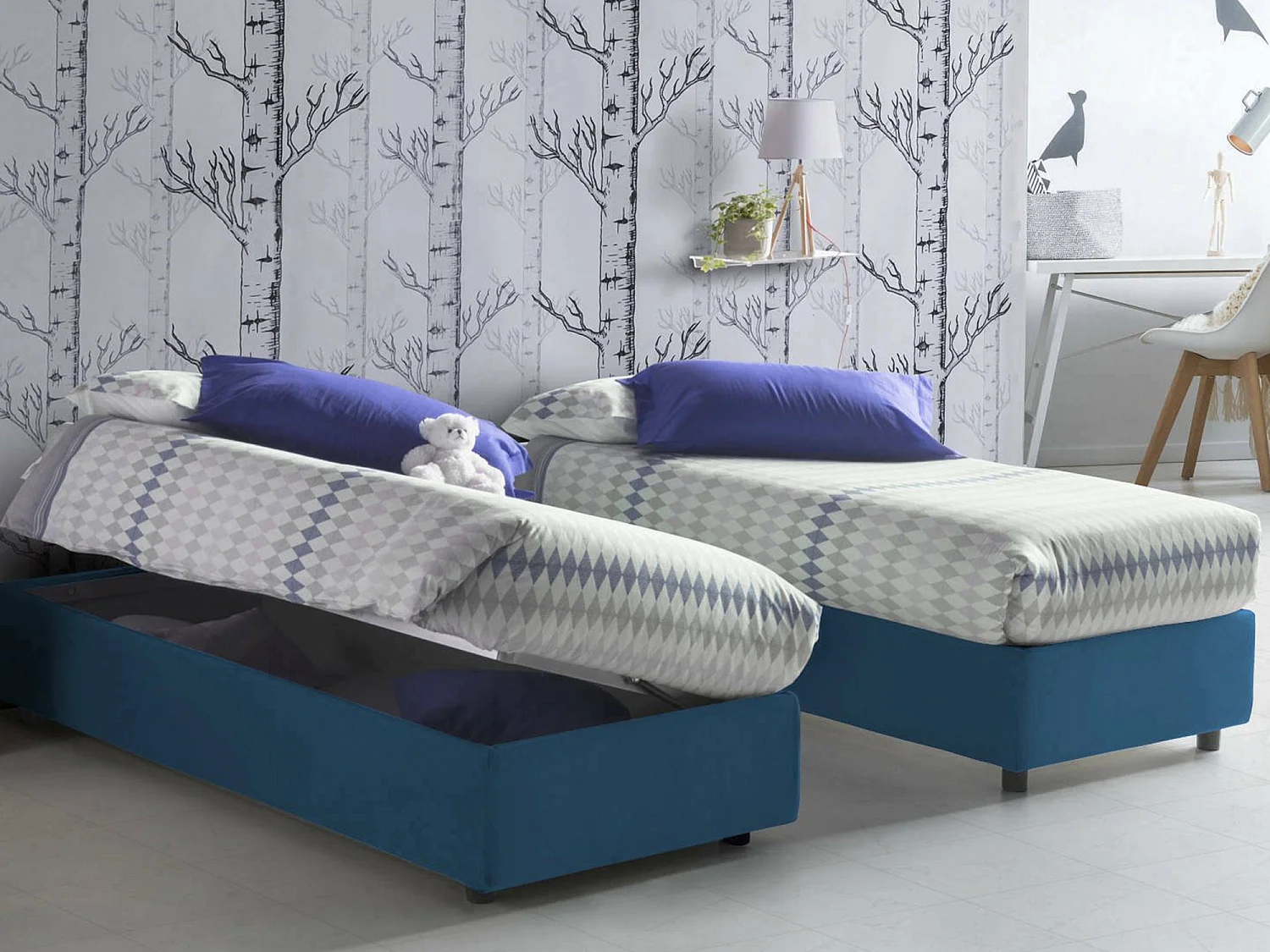Lit simple Diana, Lit coffre avec revêtement en tissu, 100% Made in Italy, Ouverture latérale, avec matelas 80x190 cm inclus, Bleu