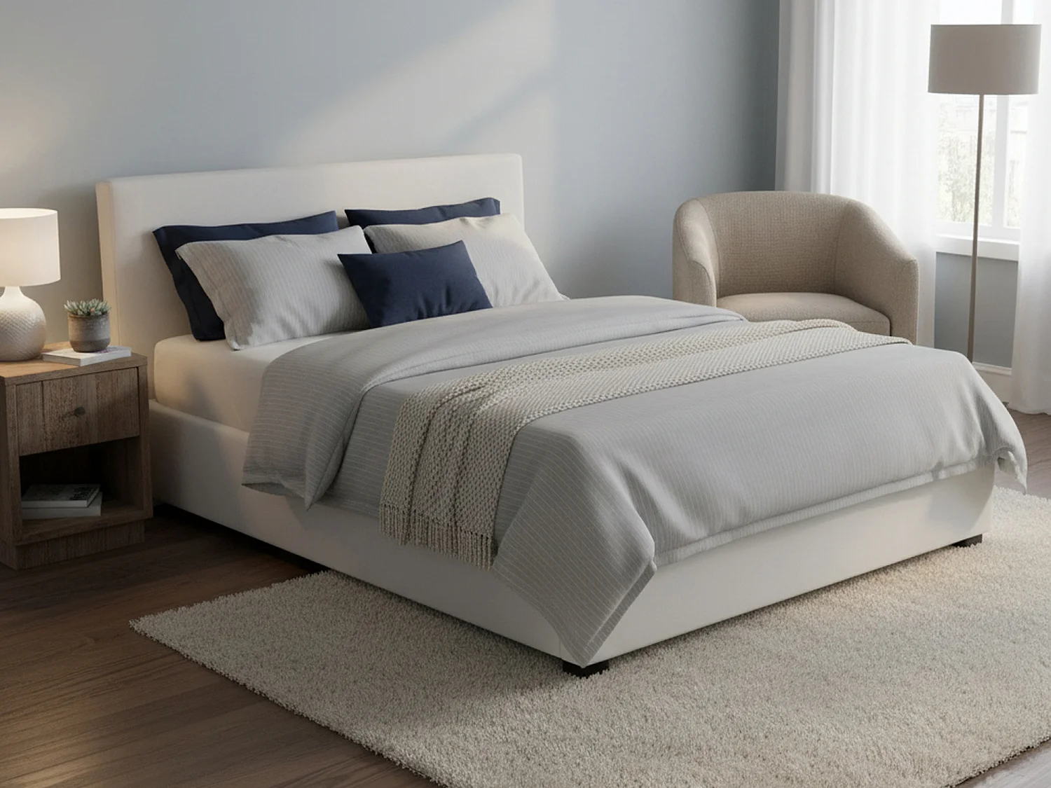 Lit double Bella, Lit coffre avec revêtement en éco-cuir, 100% Made in Italy, Ouverture frontale, avec matelas 140x200 cm inclus, Blanc