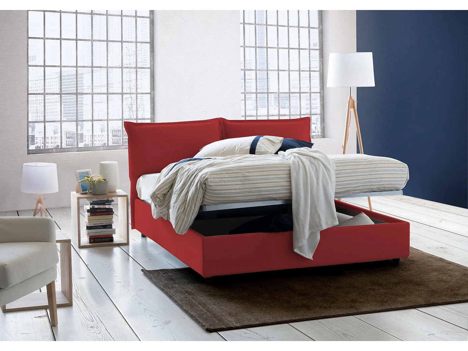 Antonia tweepersoonsbed, Opbergbed met stoffen bekleding, 100% Made in Italy, Opening aan de voorkant, geschikt voor matras 160x200 cm, Rood
