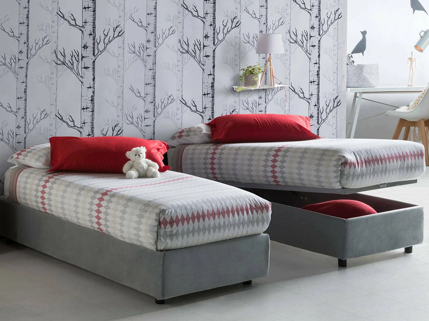 Lit simple Ilaria, Lit coffre avec revêtement en tissu, 100% Made in Italy, Ouverture frontale, adapté pour matelas 90x190 cm, Gris