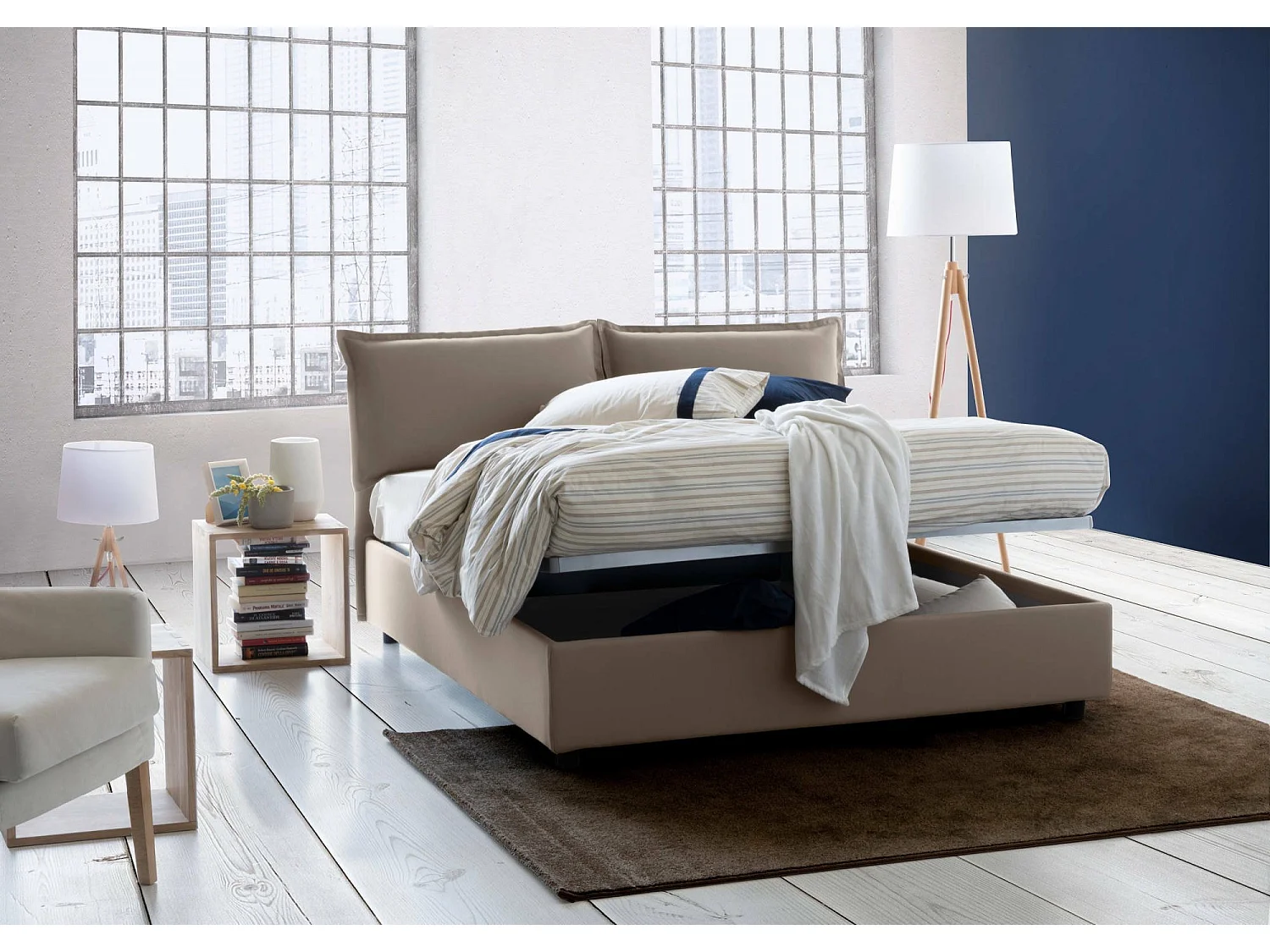 Lit double Denise, Lit coffre avec revêtement en tissu, 100% Made in Italy, Ouverture frontale, avec matelas 160x190 cm inclus, Taupe