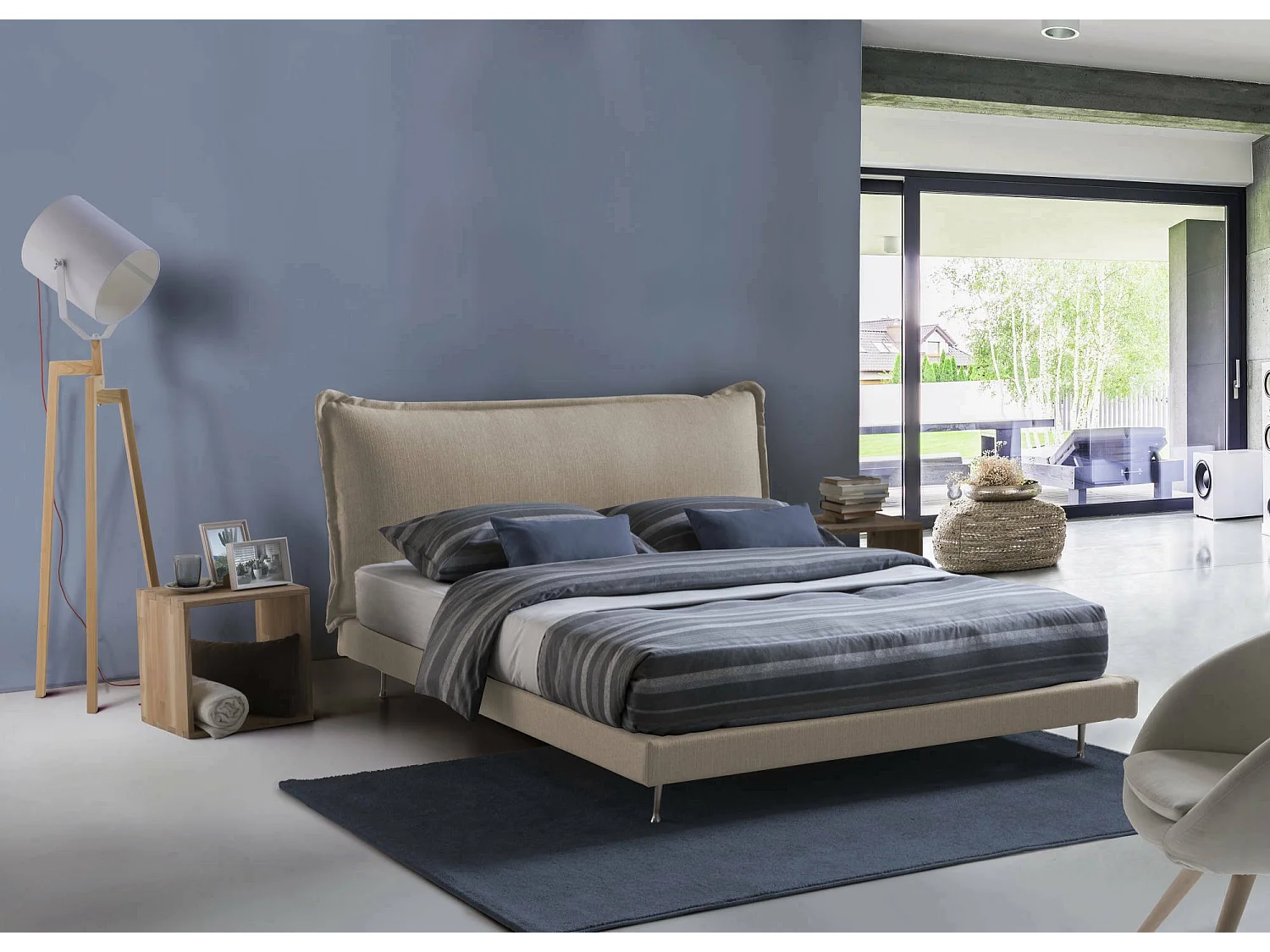 Lit double Anika, Lit fixe avec revêtement et tête de lit en tissu, 100% Made in Italy, adapté pour matelas 160x190 cm, Beige